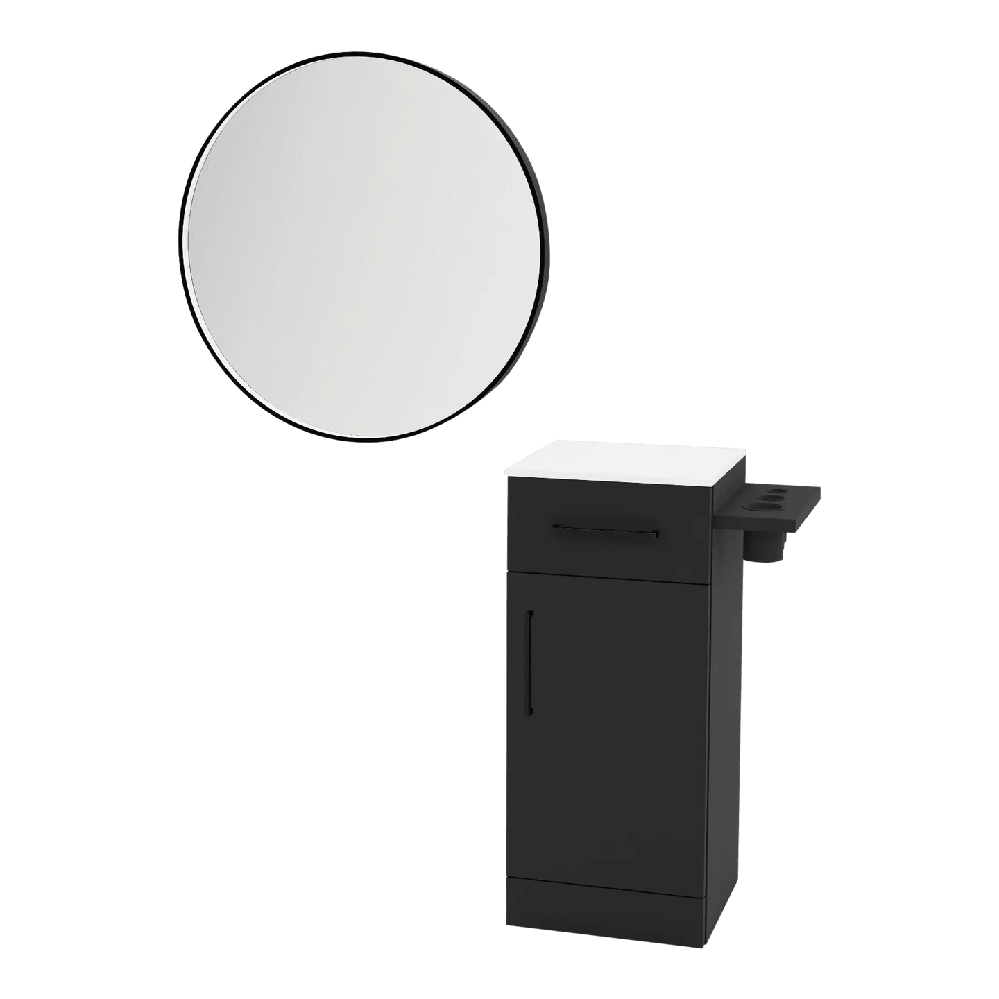Nova Tower Free Standing Styling Station with Side-Mount Appliance Holder, Solid Surface Countertop, and Black Round Westin Mirror - Kaemark