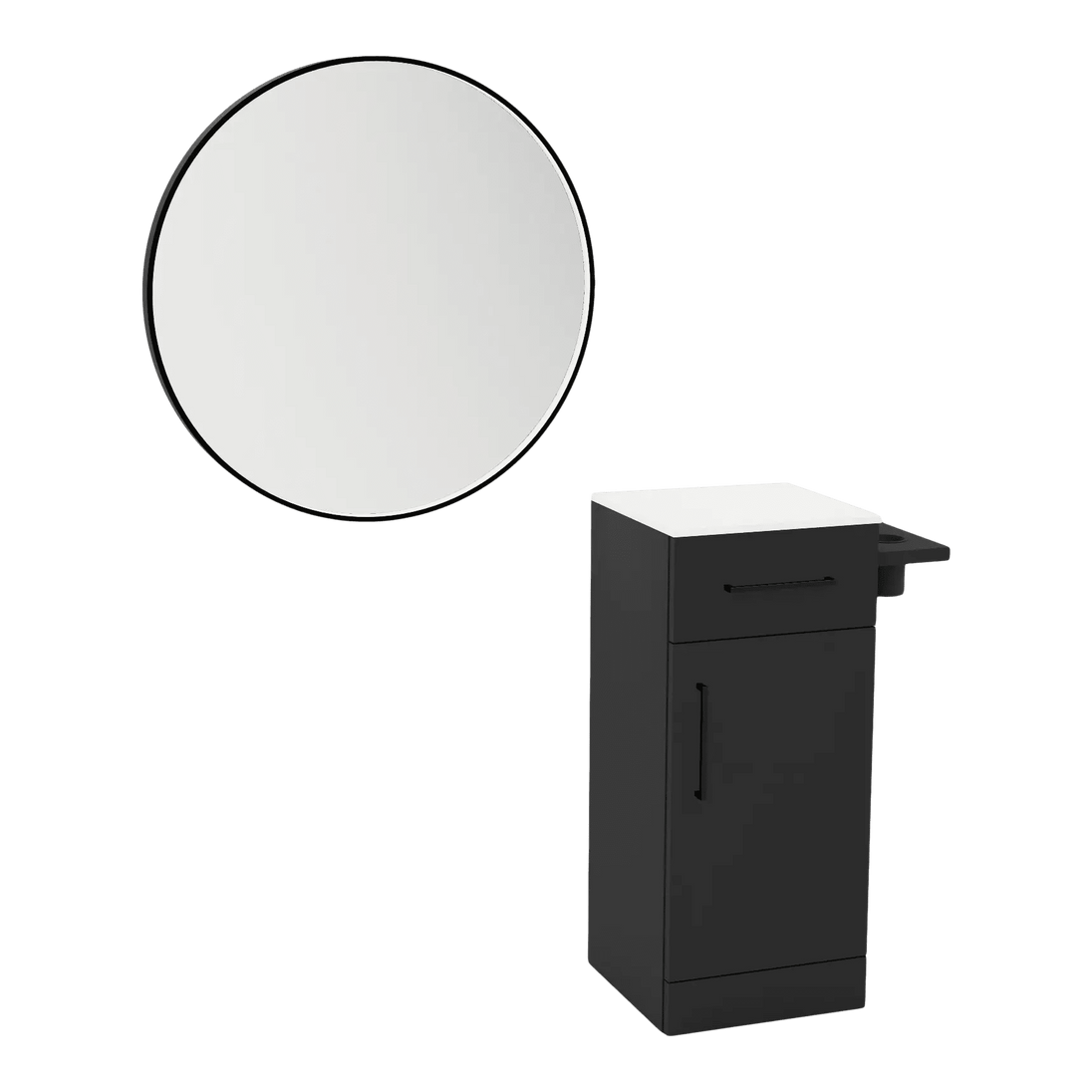 Nova Tower Free Standing Styling Station with Side-Mount Appliance Holder, Solid Surface Countertop, and Black Round Westin Mirror - Kaemark
