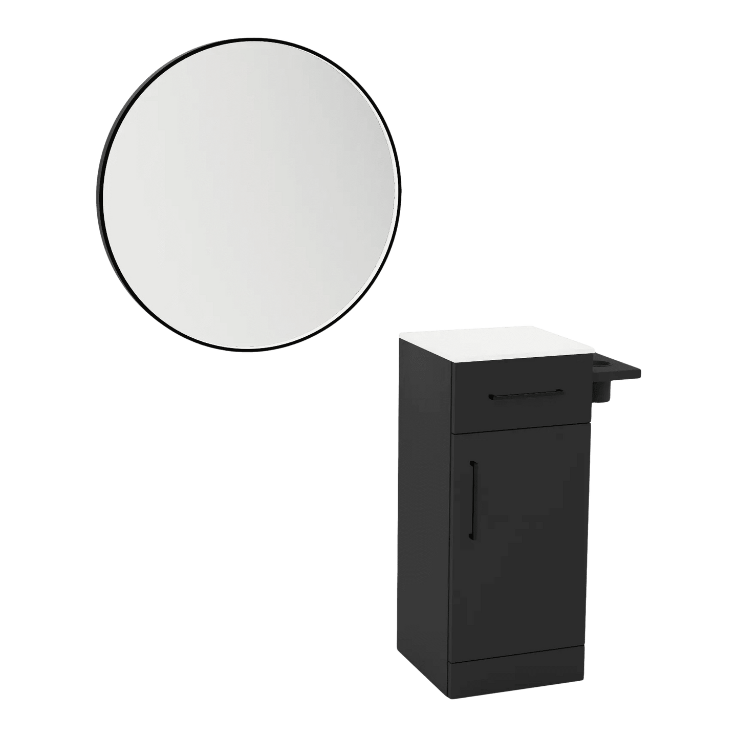 Nova Tower Free Standing Styling Station with Side-Mount Appliance Holder, Solid Surface Countertop, and Black Round Westin Mirror - Kaemark
