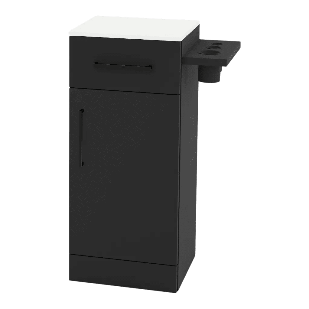 Nova Tower Free Standing Styling Station with Side-Mount Appliance Holder and Solid Surface Countertop (Cabinet Only) - Kaemark