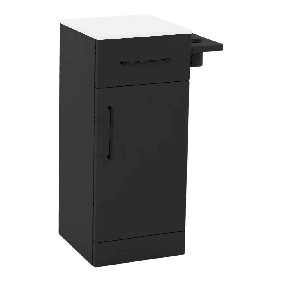 Nova Tower Free Standing Styling Station with Side-Mount Appliance Holder and Solid Surface Countertop (Cabinet Only) - Kaemark