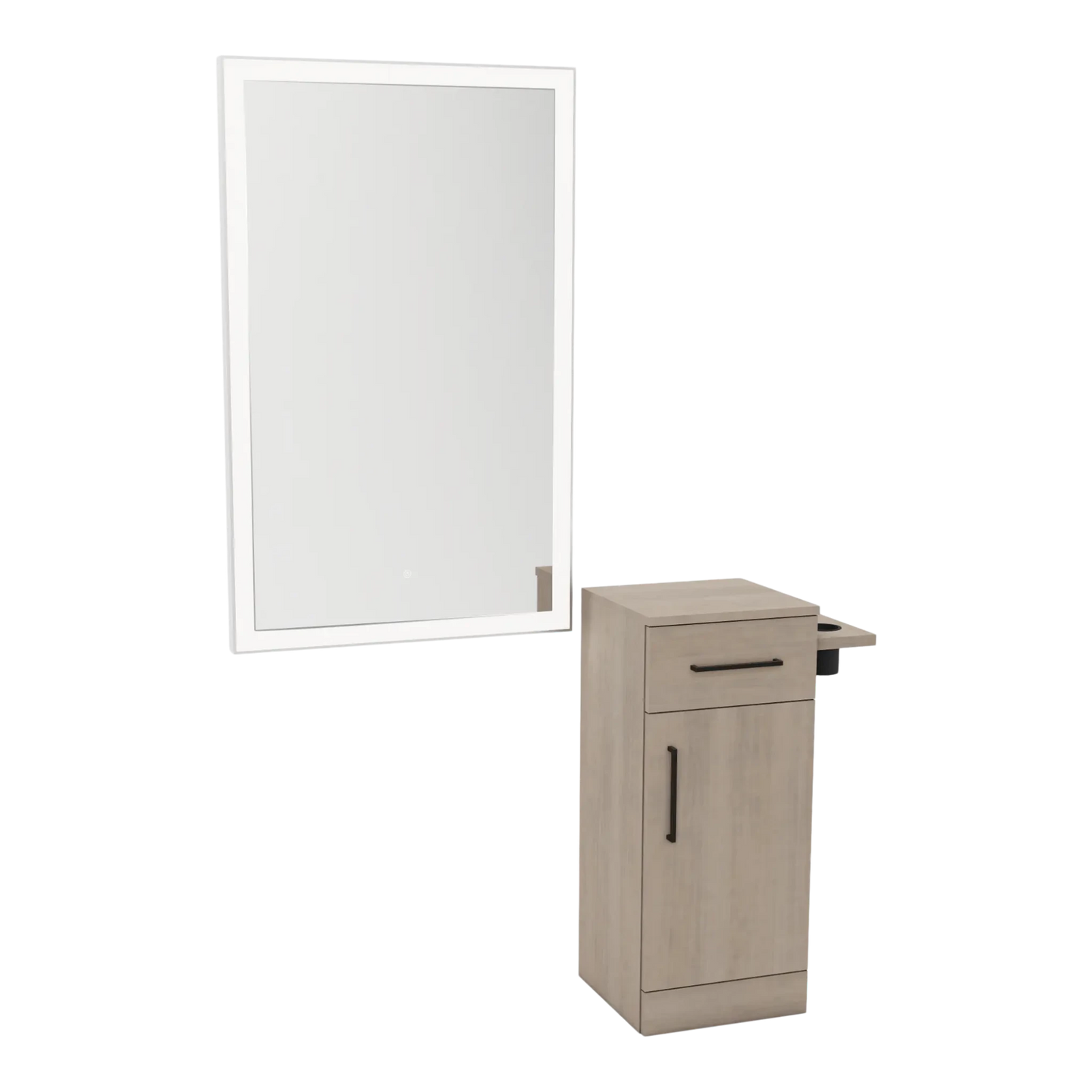 Nova Tower Free Standing Styling Station with Side-Mount Appliance Holder and Silver Rectangle Glo Mirror - Kaemark