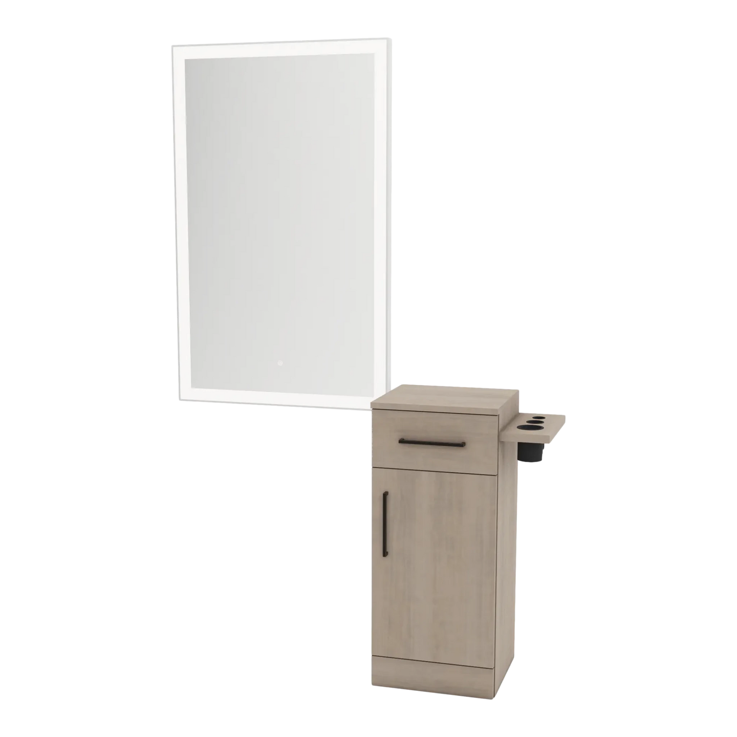 Nova Tower Free Standing Styling Station with Side-Mount Appliance Holder and Silver Rectangle Glo Mirror - Kaemark