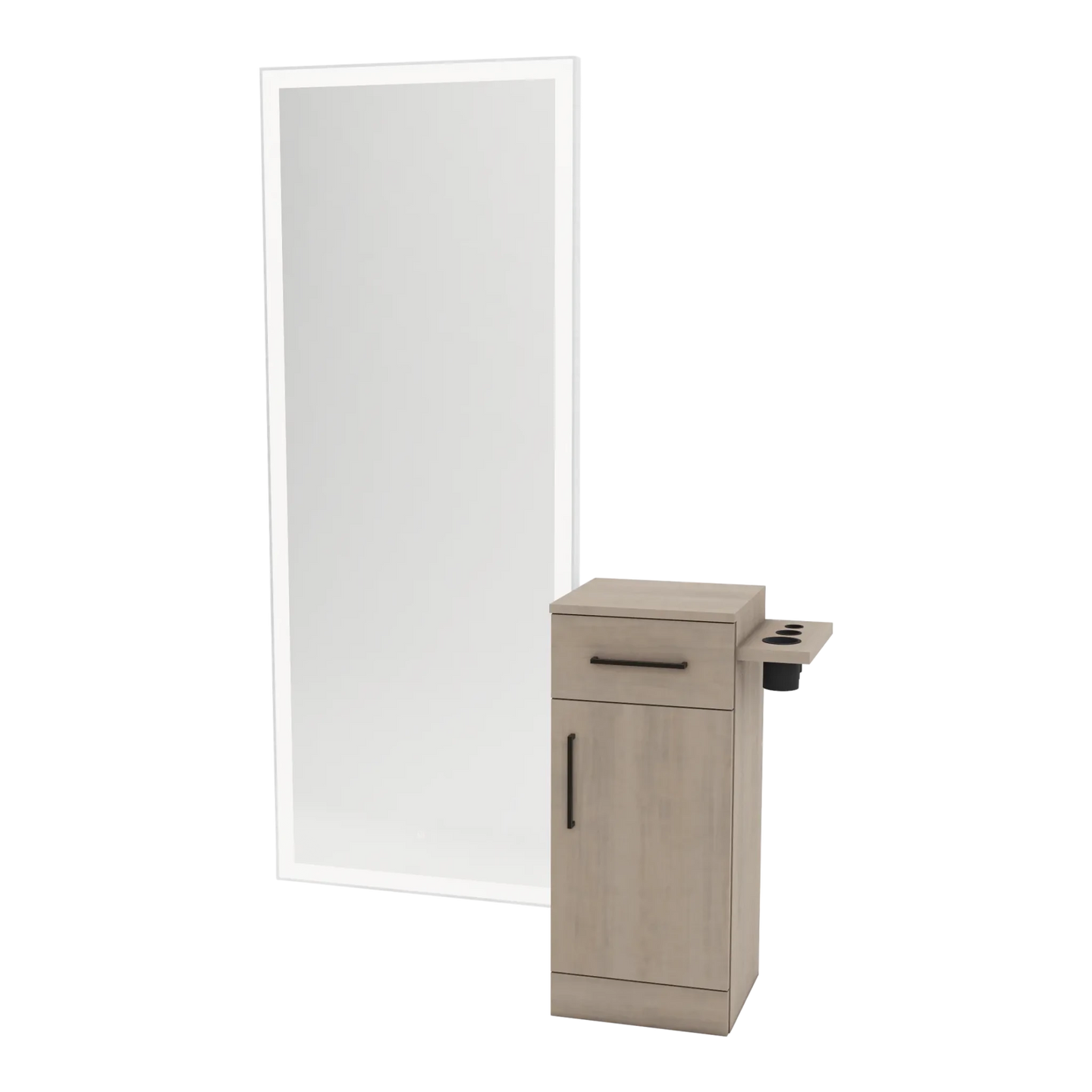 Nova Tower Free Standing Styling Station with Side-Mount Appliance Holder and Silver Full-Length Rectangle Glo Mirror - Kaemark