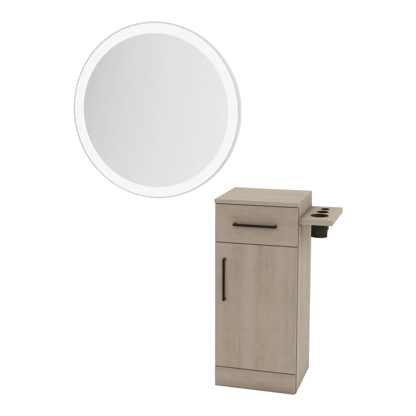 Nova Tower Free Standing Styling Station with Side-Mount Appliance Holder and Silver Round Glo Mirror - Kaemark