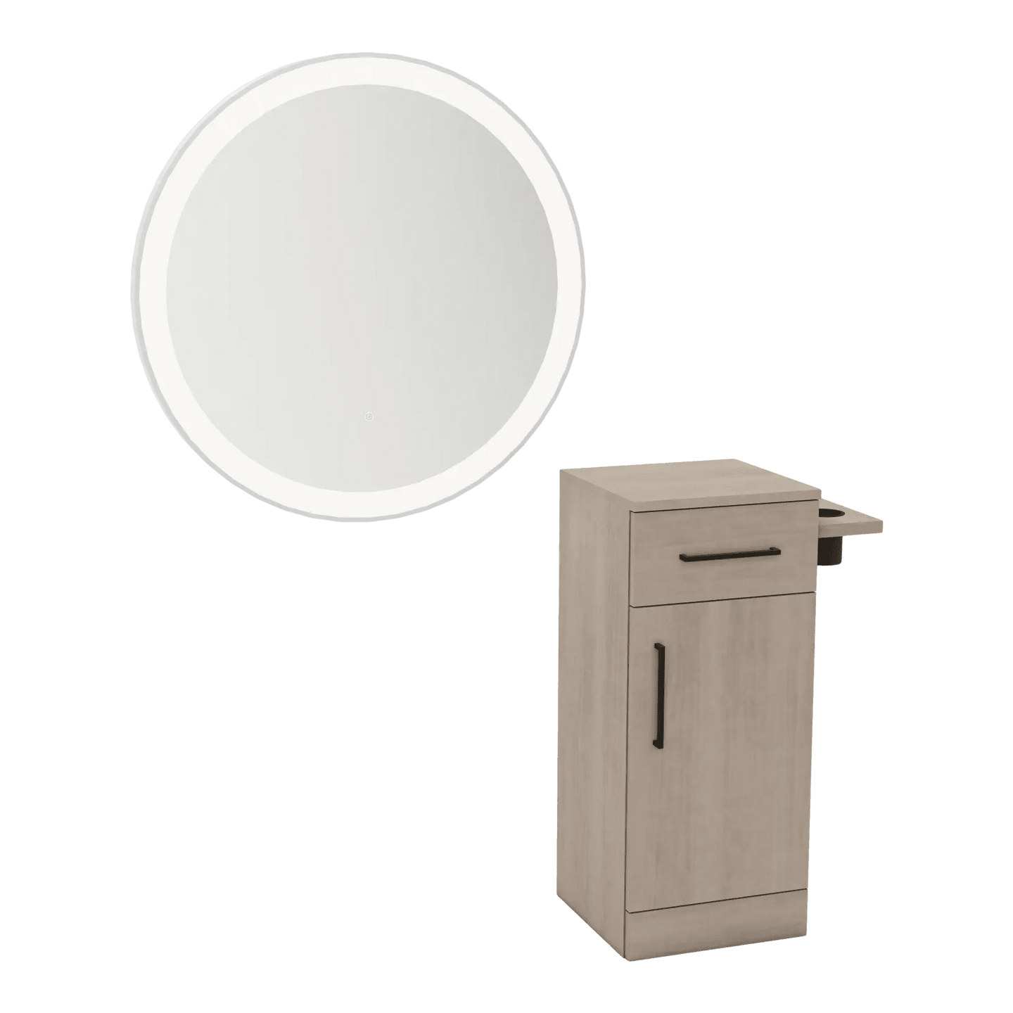 Nova Tower Free Standing Styling Station with Side-Mount Appliance Holder and Silver Round Glo Mirror - Kaemark