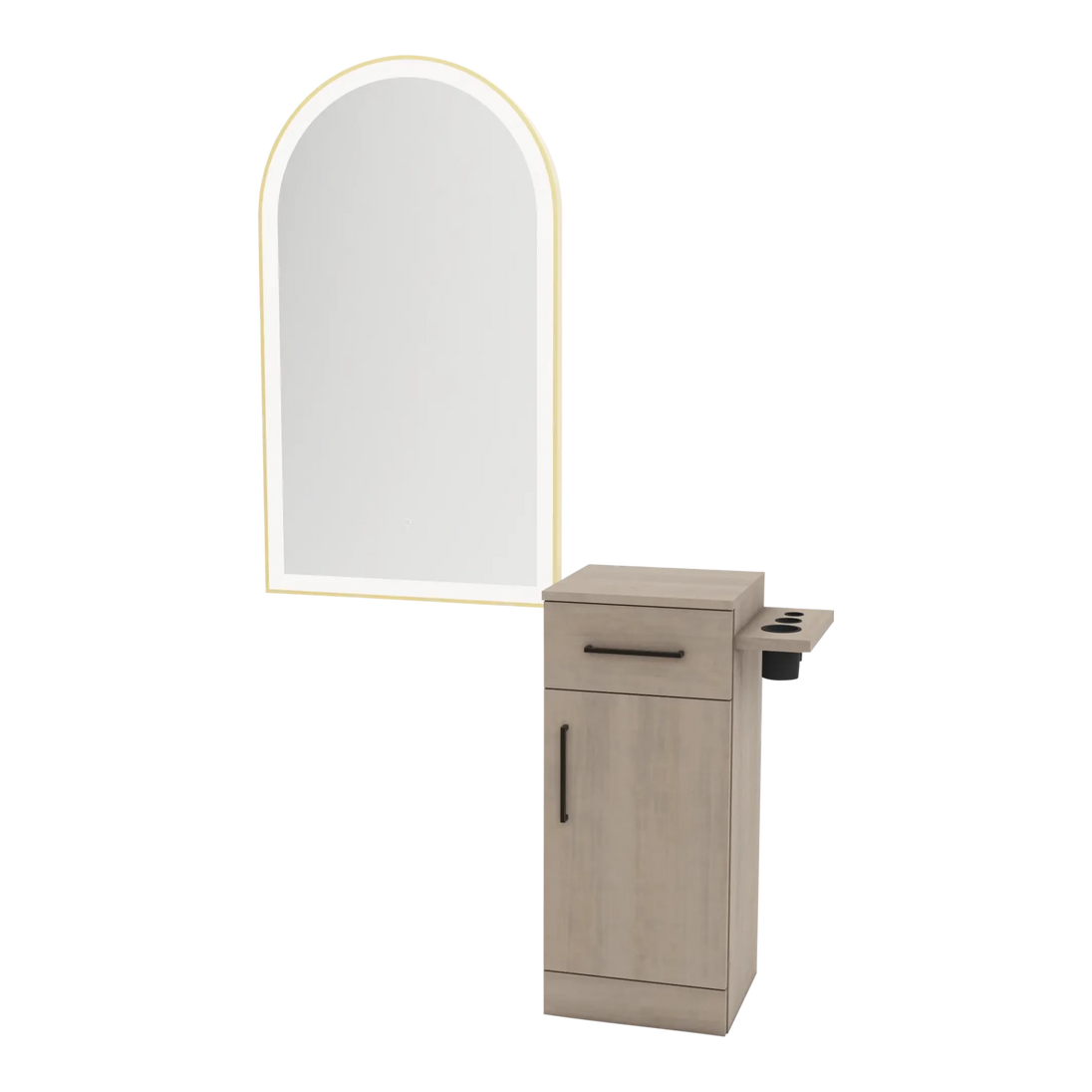 Nova Tower Free Standing Styling Station with Side-Mount Appliance Holder and Gold Arch Paloma Mirror - Kaemark