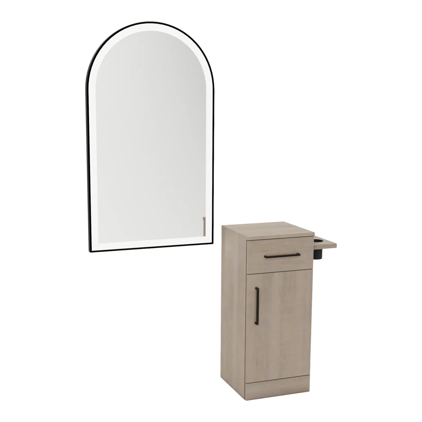 Nova Tower Free Standing Styling Station with Side-Mount Appliance Holder and Black Arch Paloma Mirror - Kaemark