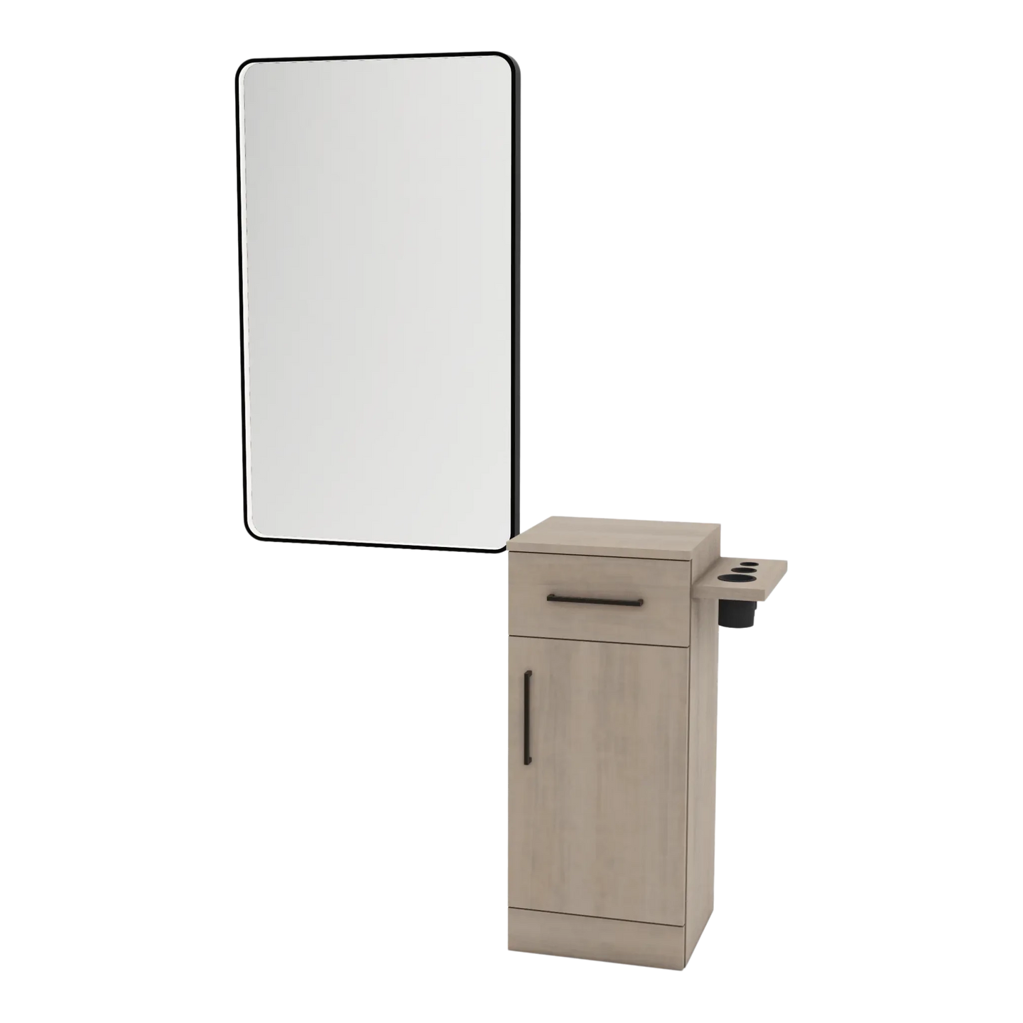 Nova Tower Free Standing Styling Station with Side-Mount Appliance Holder and Black Rectangle Westin Mirror - Kaemark
