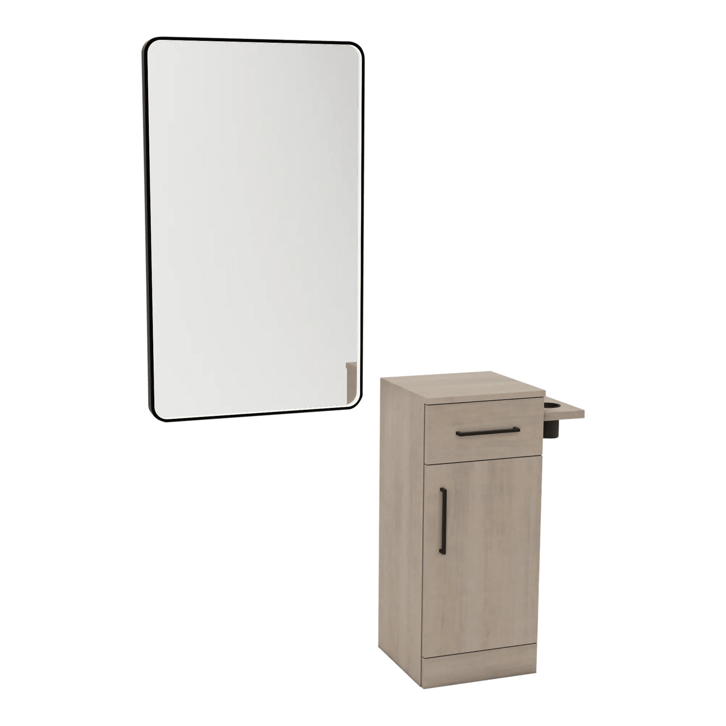 Nova Tower Free Standing Styling Station with Side-Mount Appliance Holder and Black Rectangle Westin Mirror - Kaemark