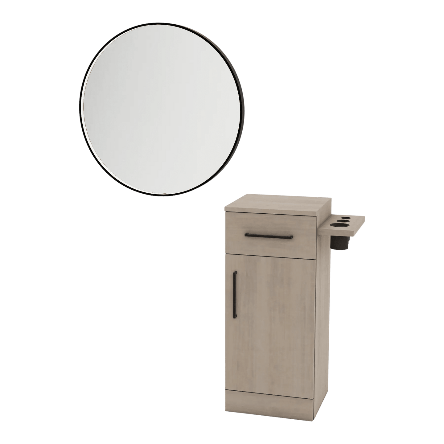 Nova Tower Free Standing Styling Station with Side-Mount Appliance Holder and Black Round Westin Mirror - Kaemark
