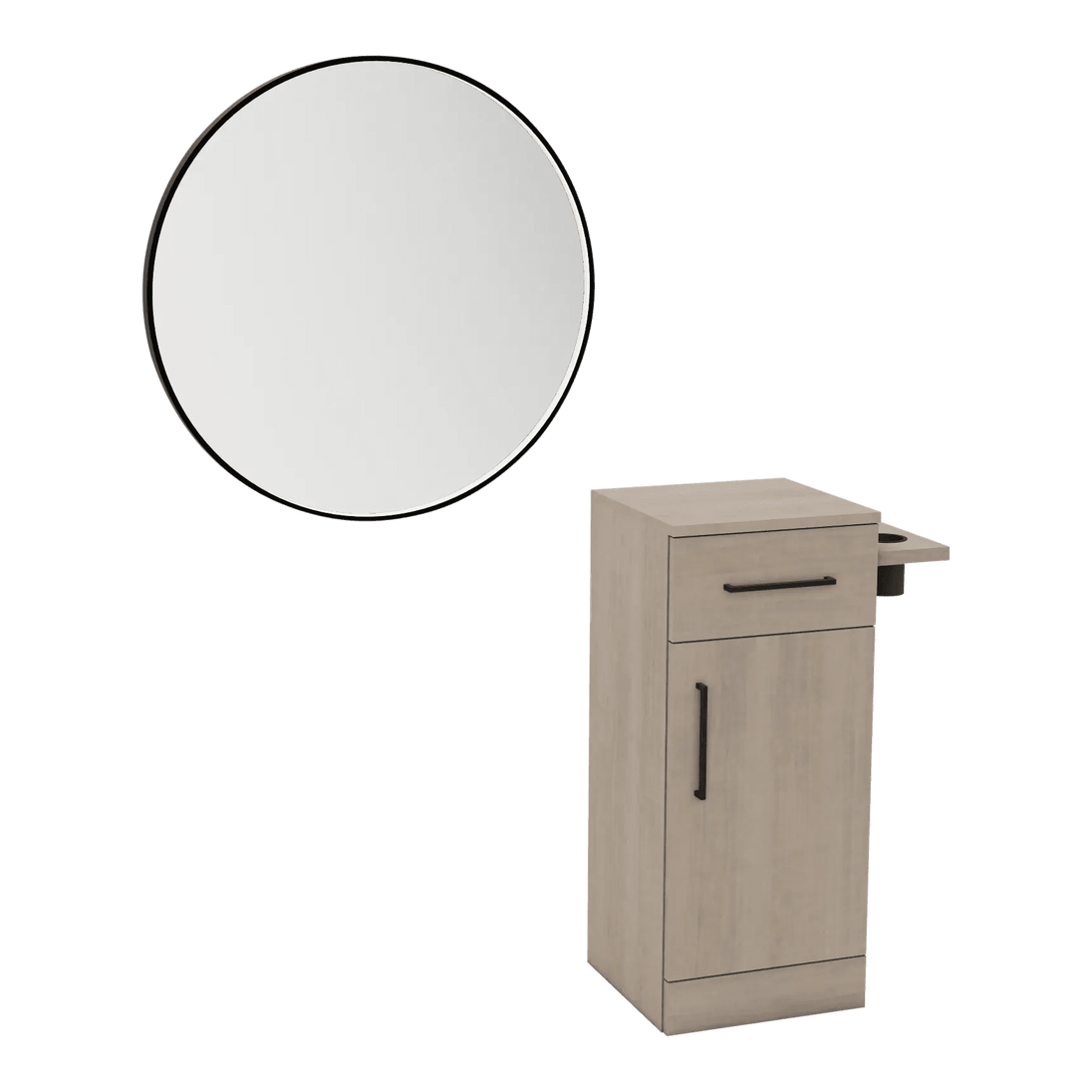 Nova Tower Free Standing Styling Station with Side-Mount Appliance Holder and Black Round Westin Mirror - Kaemark