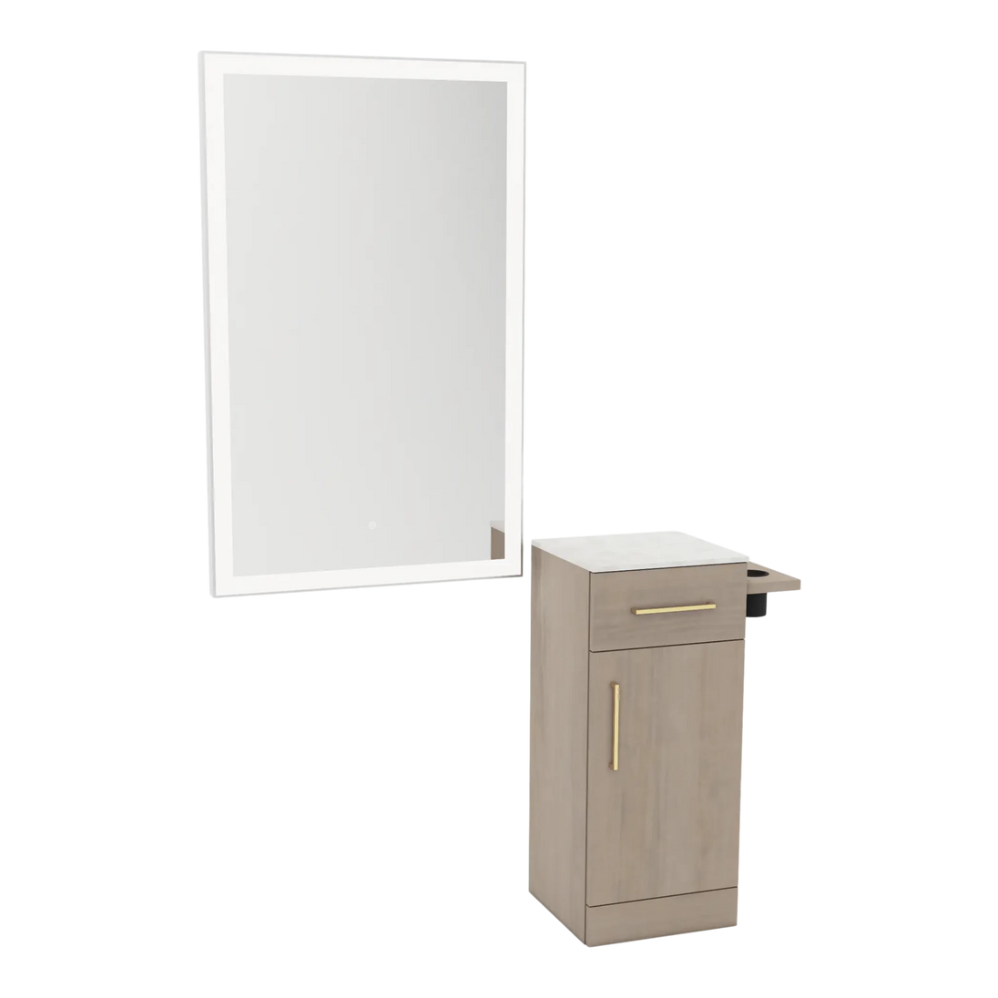 Nova Wall Mount Styling Station with Concealed Appliance Holder, Solid Surface Countertop, and Silver Rectangle Glo Mirror - Kaemark