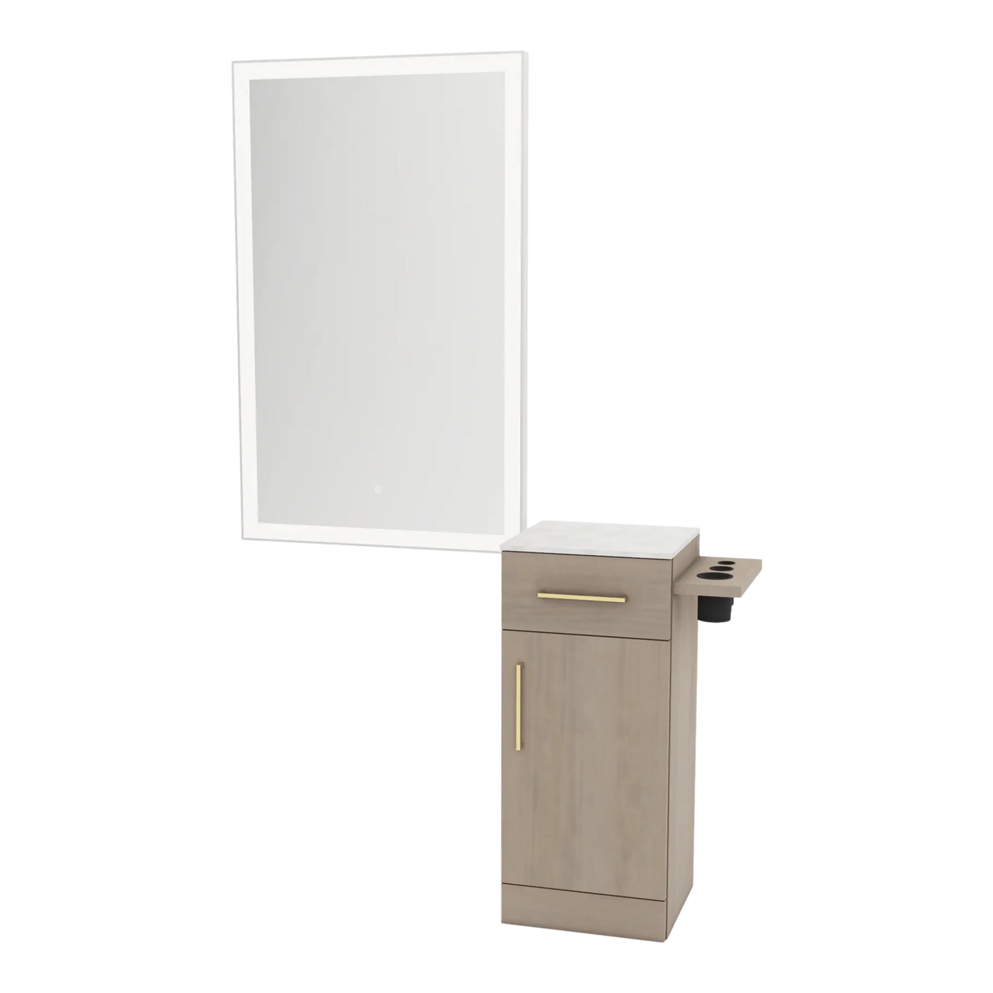 Nova Wall Mount Styling Station with Concealed Appliance Holder, Solid Surface Countertop, and Silver Rectangle Glo Mirror - Kaemark