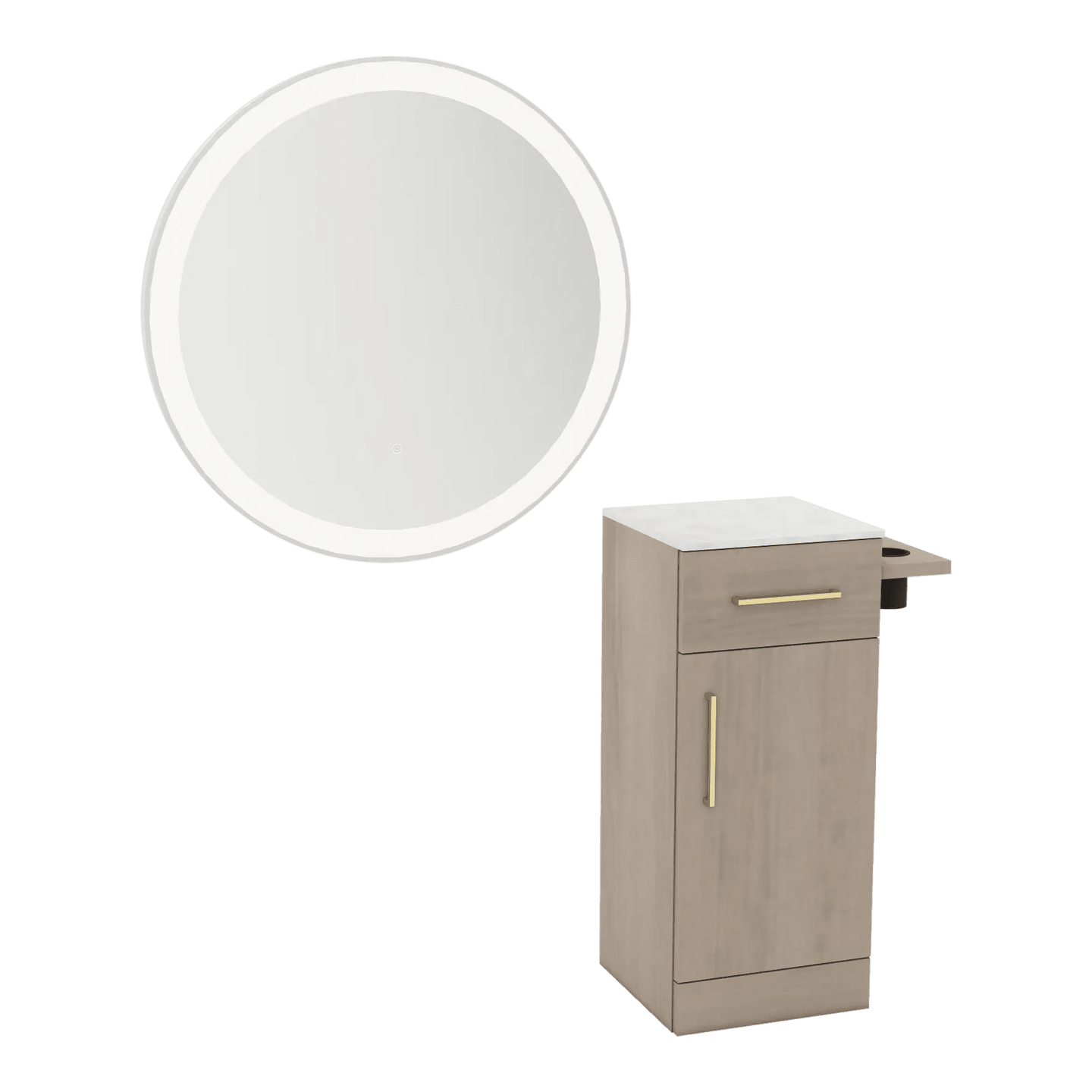 Nova Tower Free Standing Styling Station with Side-Mount Appliance Holder, Solid Surface Countertop, and Silver Round Glo Mirror - Kaemark