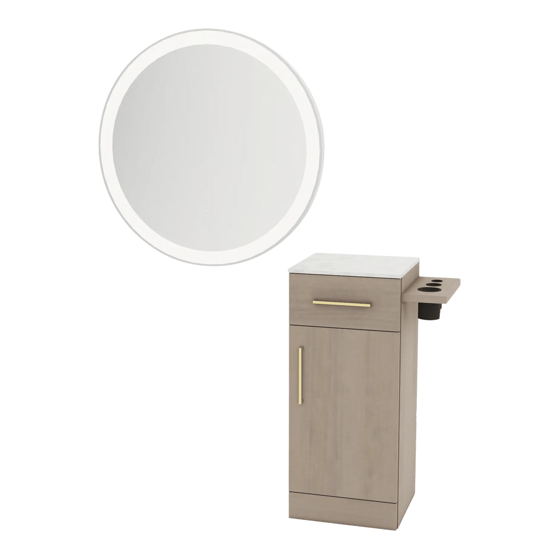 Nova Tower Free Standing Styling Station with Side-Mount Appliance Holder, Solid Surface Countertop, and Silver Round Glo Mirror - Kaemark