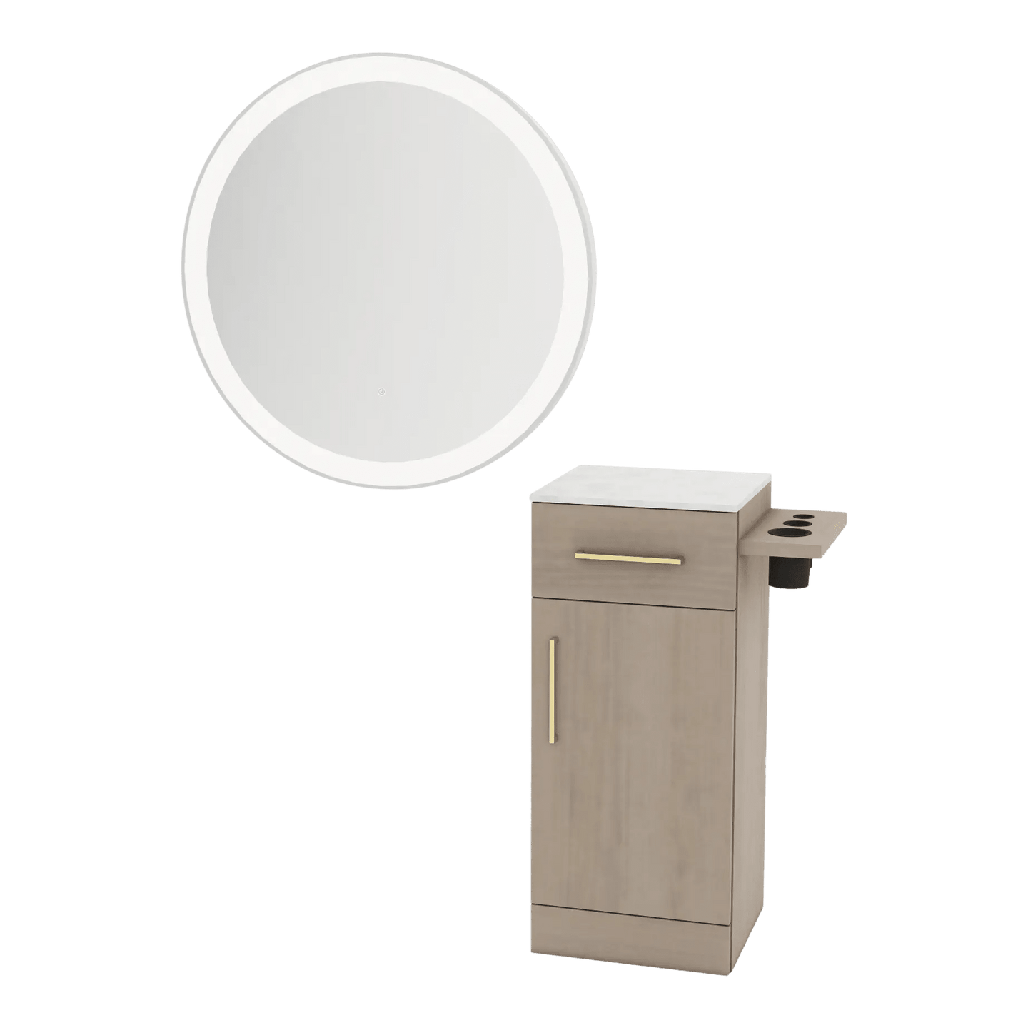 Nova Tower Free Standing Styling Station with Side-Mount Appliance Holder, Solid Surface Countertop, and Silver Round Glo Mirror - Kaemark