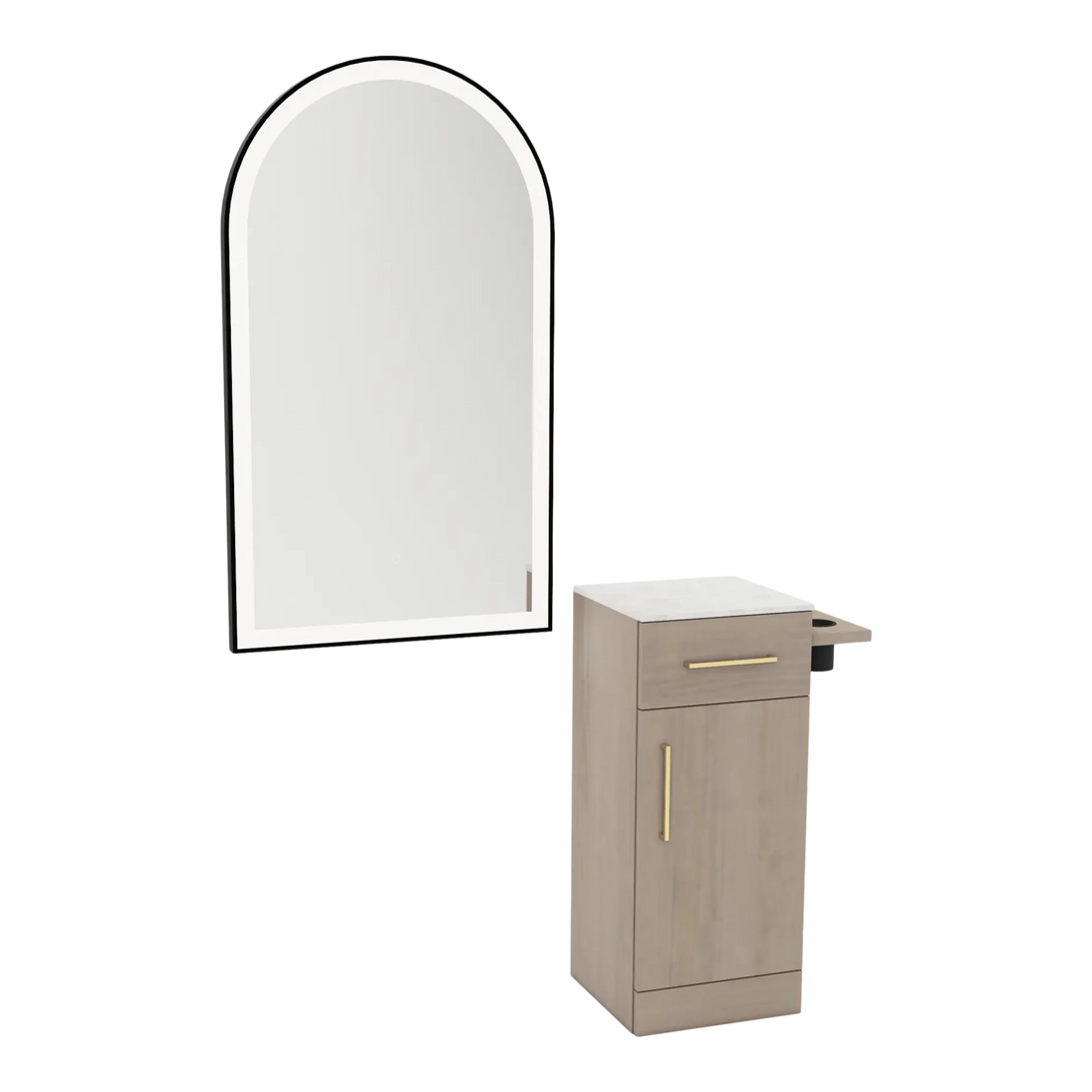 Nova Tower Free Standing Styling Station with Side-Mount Appliance Holder, Solid Surface Countertop, and Black Arch Paloma Mirror - Kaemark