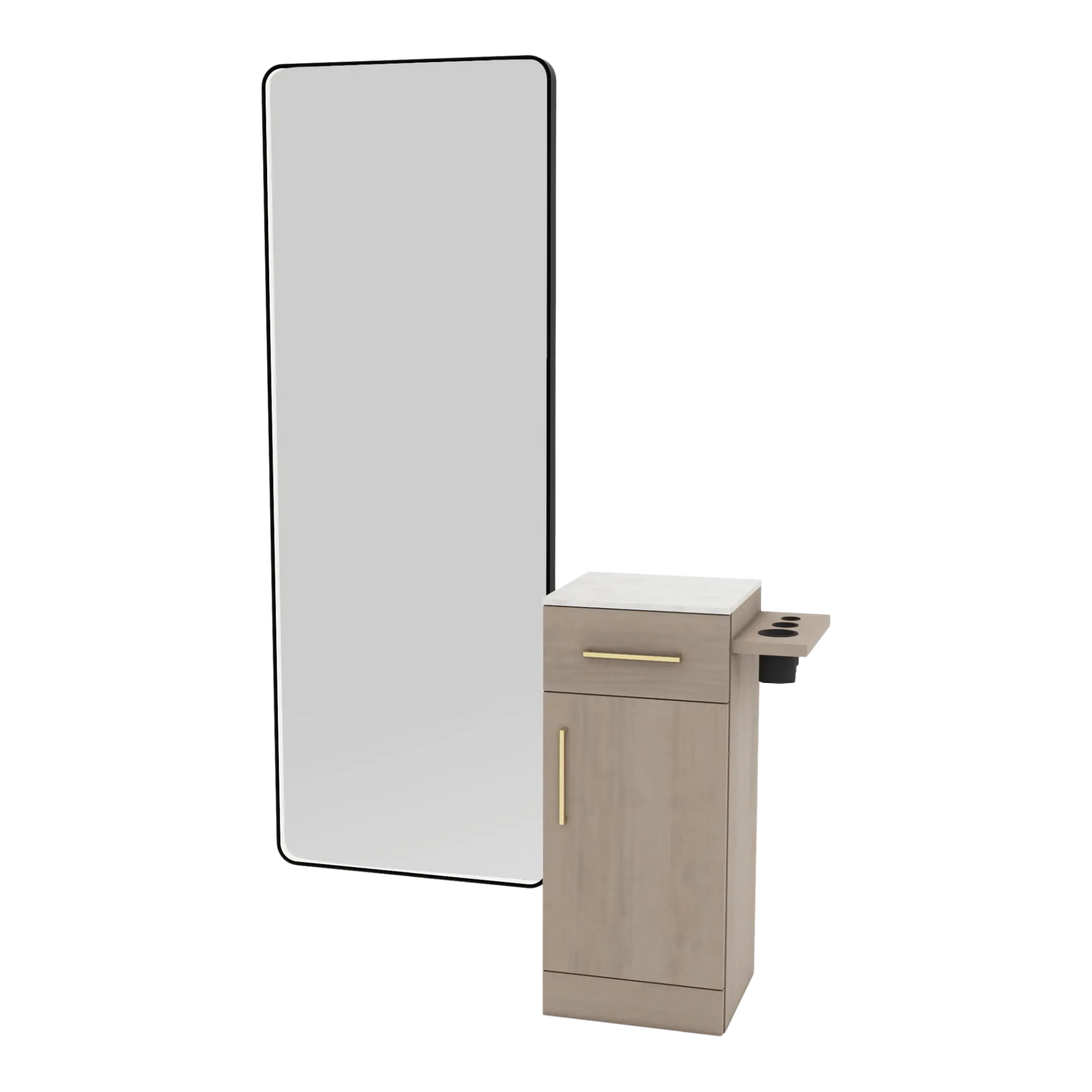 Nova Tower Free Standing Styling Station with Side-Mount Appliance Holder, Solid Surface Countertop, and Black Full-Length Rectangle Westin Mirror - Kaemark