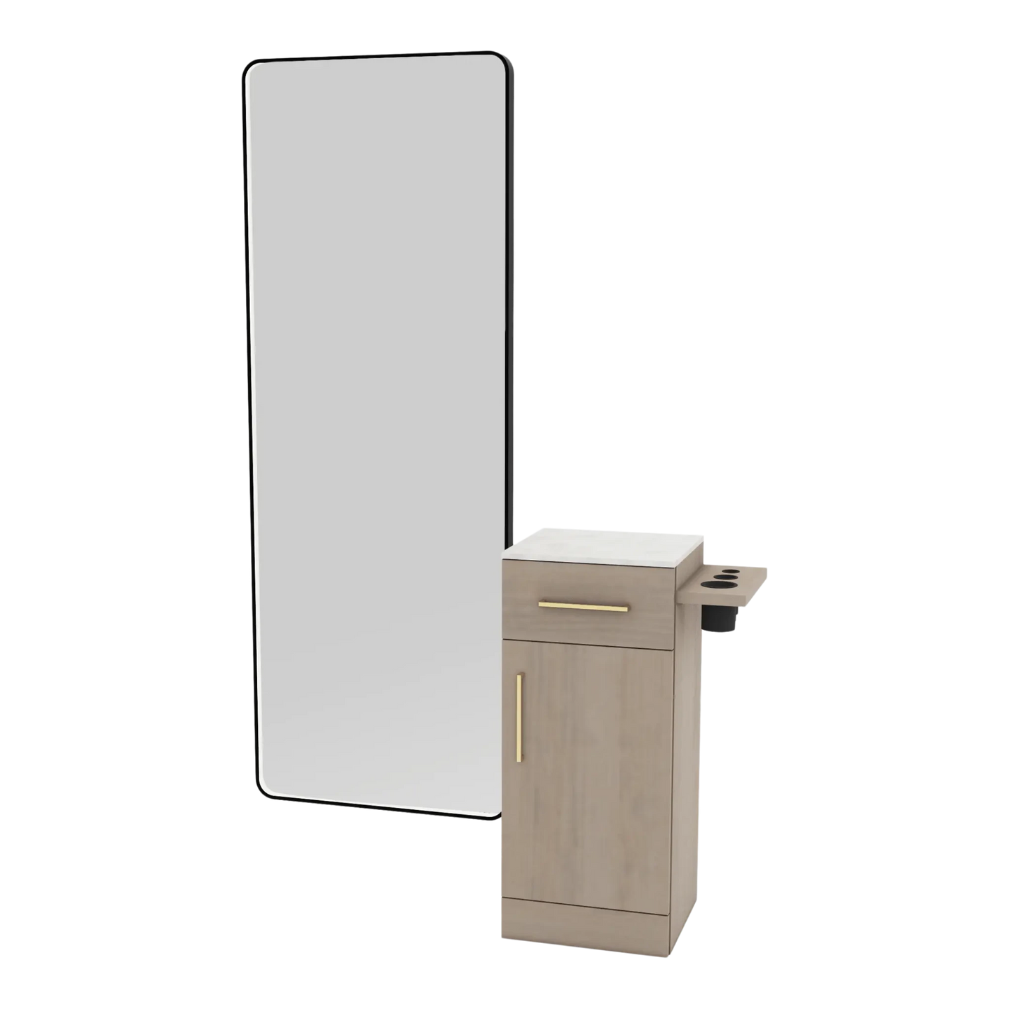 Nova Tower Free Standing Styling Station with Side-Mount Appliance Holder, Solid Surface Countertop, and Black Full-Length Rectangle Westin Mirror - Kaemark