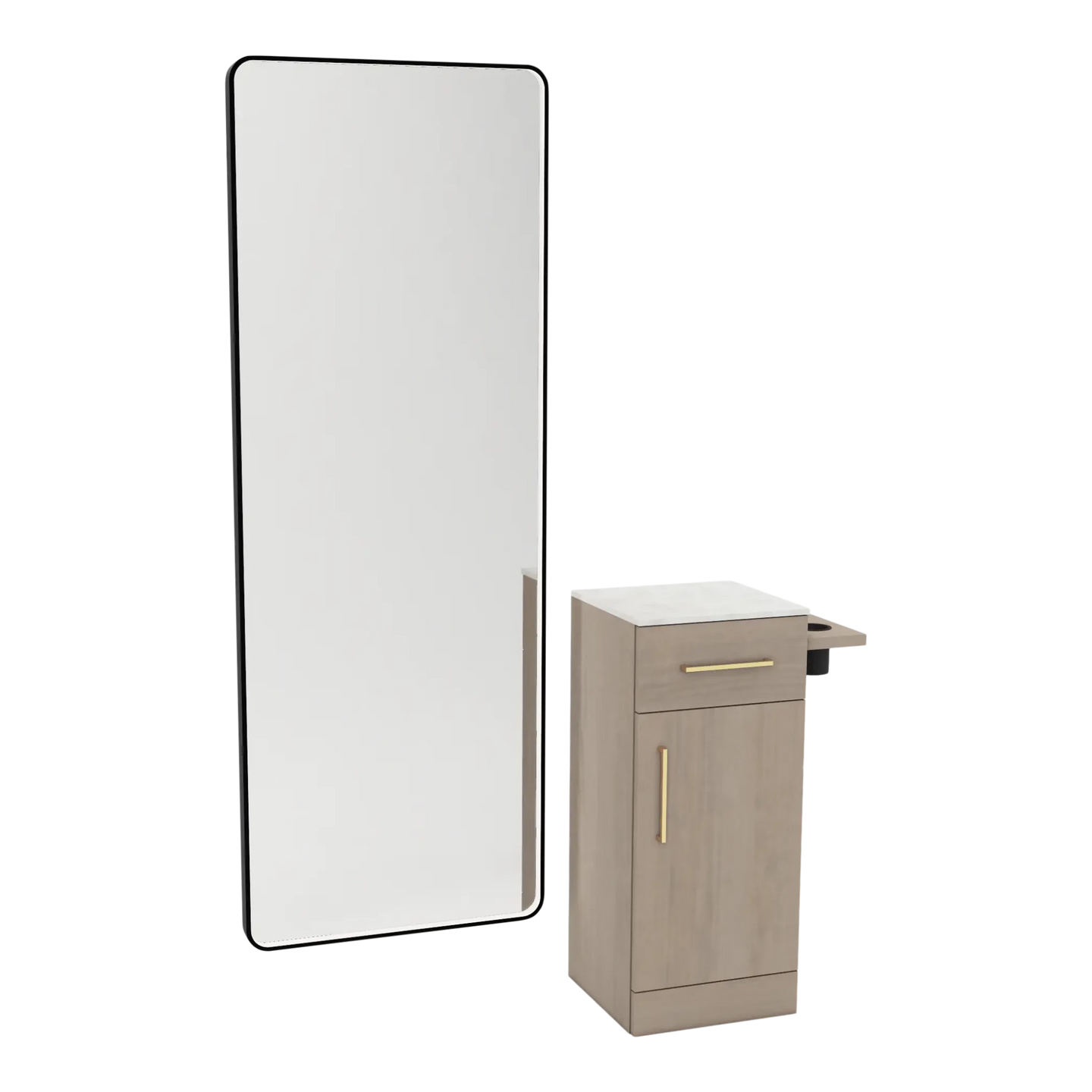 Nova Tower Free Standing Styling Station with Side-Mount Appliance Holder, Solid Surface Countertop, and Black Full-Length Rectangle Westin Mirror - Kaemark