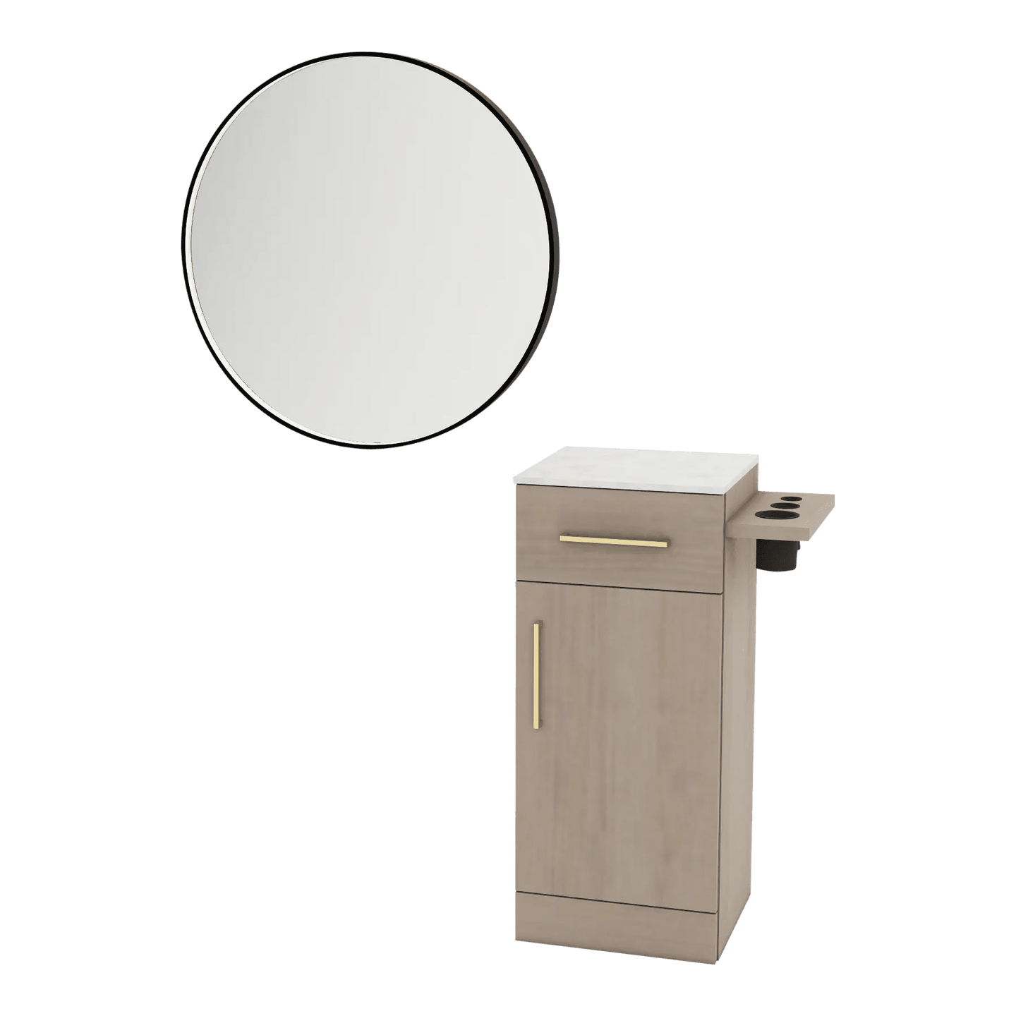 Nova Tower Free Standing Styling Station with Side-Mount Appliance Holder, Solid Surface Countertop, and Black Round Westin Mirror - Kaemark
