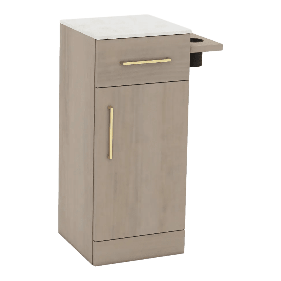 Nova Tower Free Standing Styling Station with Side-Mount Appliance Holder and Solid Surface Countertop (Cabinet Only) - Kaemark