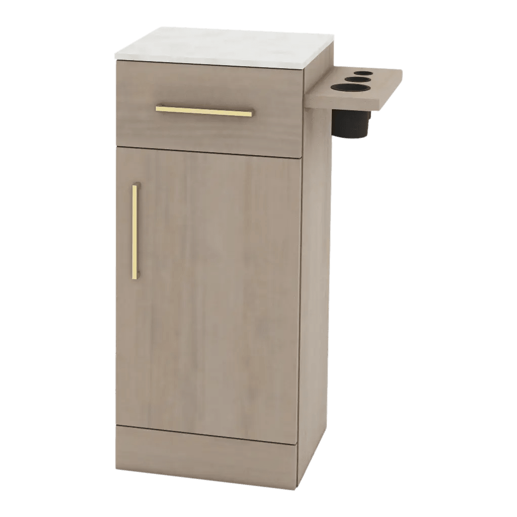Nova Tower Free Standing Styling Station with Side-Mount Appliance Holder and Solid Surface Countertop (Cabinet Only) - Kaemark