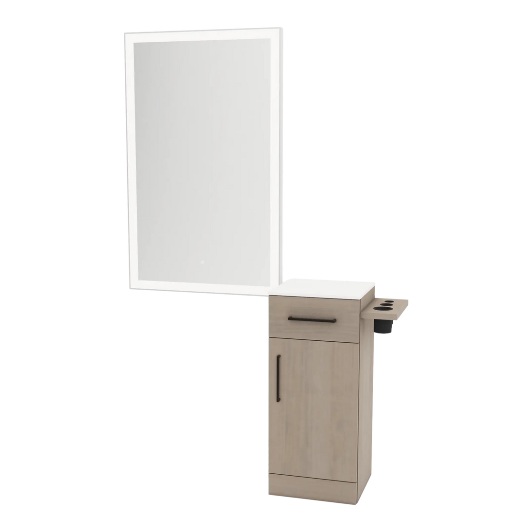 Nova Wall Mount Styling Station with Concealed Appliance Holder, Solid Surface Countertop, and Silver Rectangle Glo Mirror - Kaemark