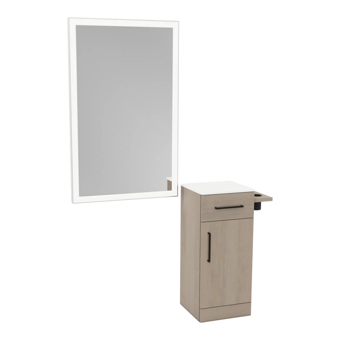 Nova Wall Mount Styling Station with Concealed Appliance Holder, Solid Surface Countertop, and Silver Rectangle Glo Mirror - Kaemark