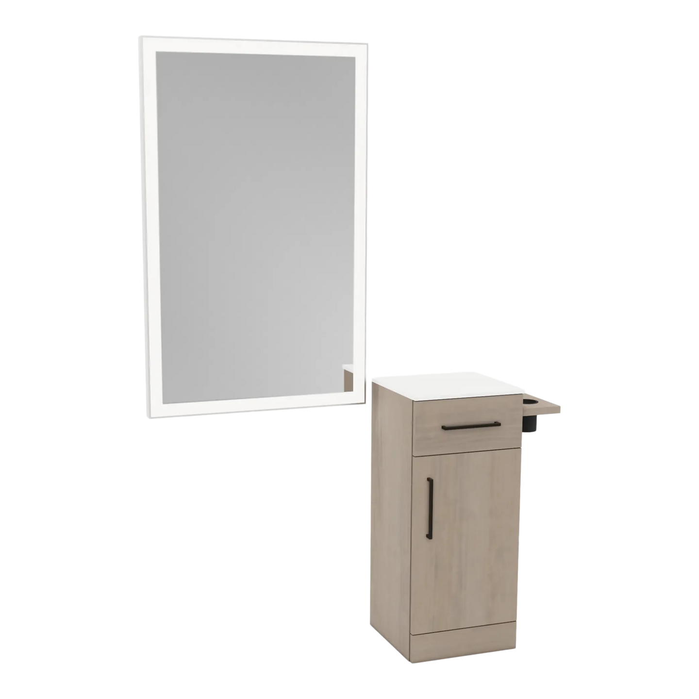 Nova Wall Mount Styling Station with Concealed Appliance Holder, Solid Surface Countertop, and Silver Rectangle Glo Mirror - Kaemark