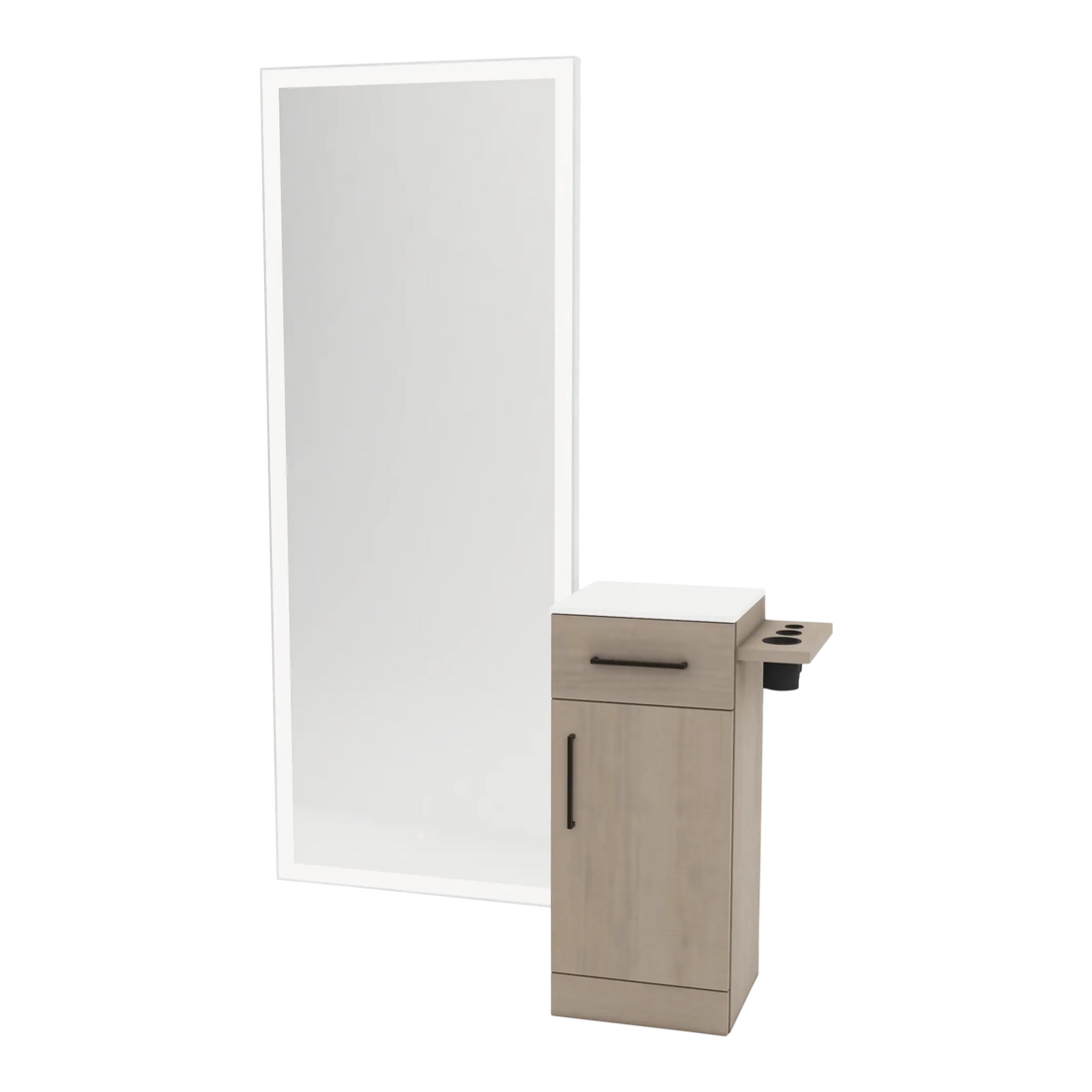 Nova Tower Free Standing Styling Station with Side-Mount Appliance Holder, Solid Surface Countertop, and Silver Full-Length Rectangle Glo Mirror - Kaemark