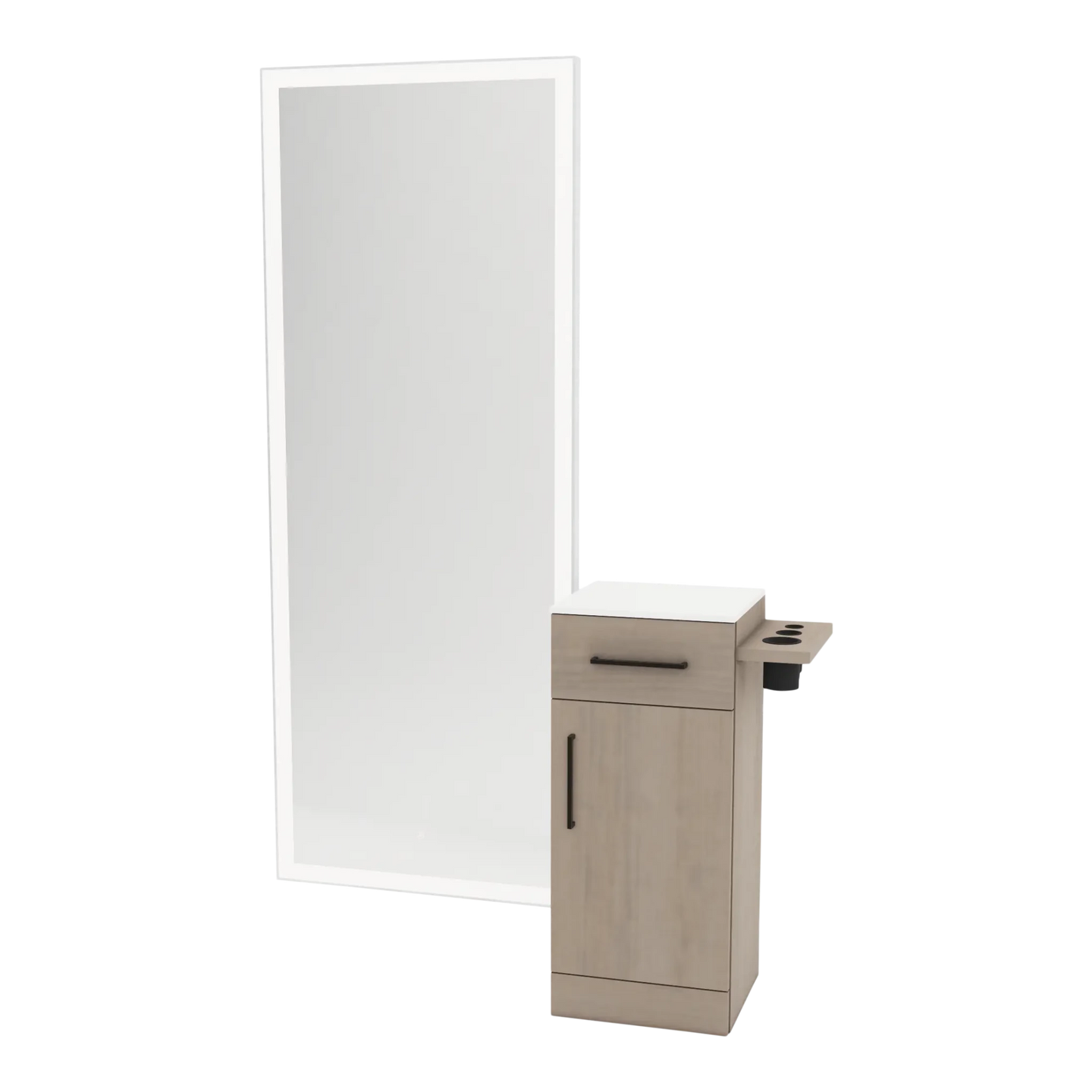 Nova Tower Free Standing Styling Station with Side-Mount Appliance Holder, Solid Surface Countertop, and Silver Full-Length Rectangle Glo Mirror - Kaemark
