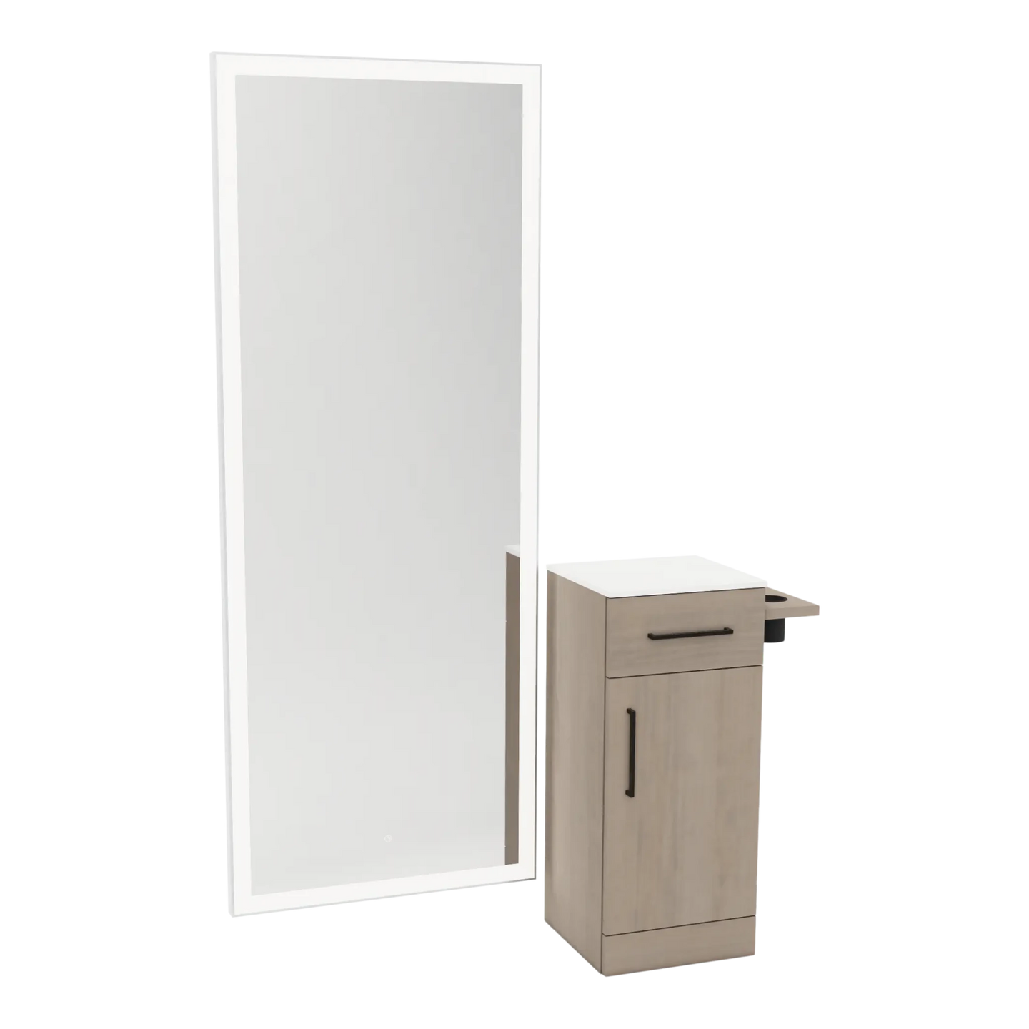 Nova Tower Free Standing Styling Station with Side-Mount Appliance Holder, Solid Surface Countertop, and Silver Full-Length Rectangle Glo Mirror - Kaemark