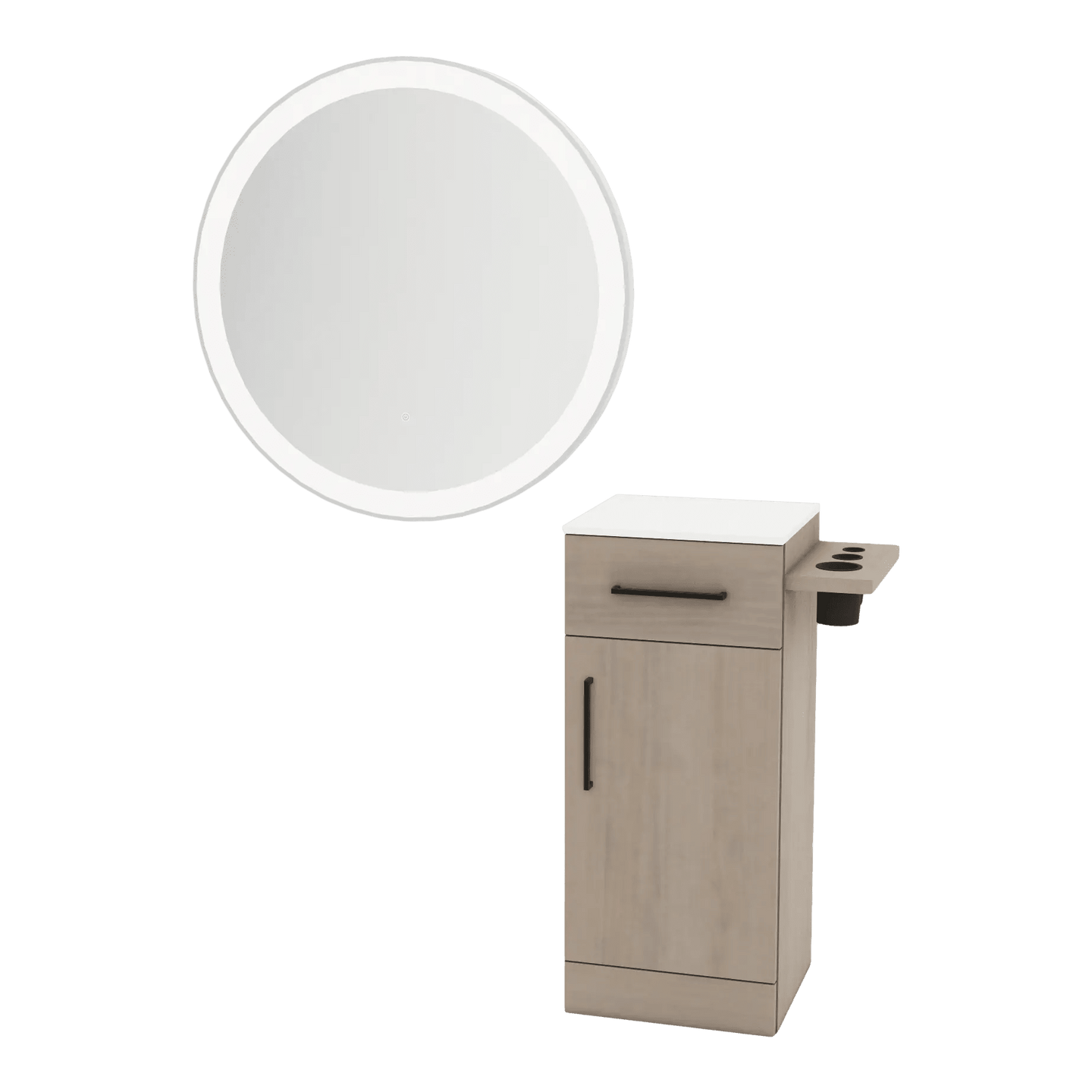 Nova Tower Free Standing Styling Station with Side-Mount Appliance Holder, Solid Surface Countertop, and Silver Round Glo Mirror - Kaemark