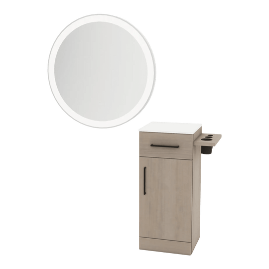 Nova Tower Free Standing Styling Station with Side-Mount Appliance Holder, Solid Surface Countertop, and Silver Round Glo Mirror - Kaemark
