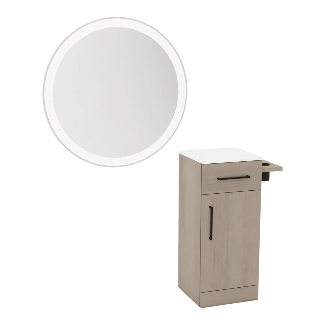Nova Tower Free Standing Styling Station with Side-Mount Appliance Holder, Solid Surface Countertop, and Silver Round Glo Mirror - Kaemark