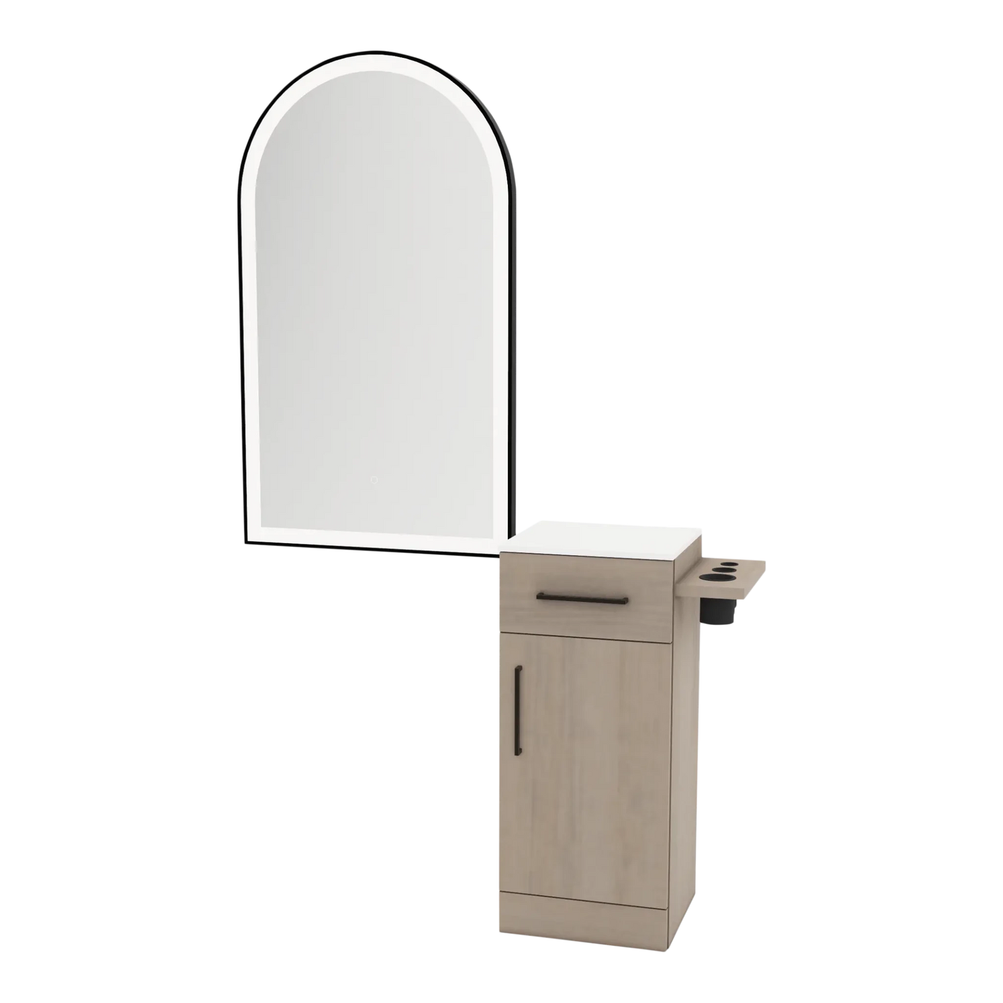 Nova Tower Free Standing Styling Station with Side-Mount Appliance Holder, Solid Surface Countertop, and Black Arch Paloma Mirror - Kaemark