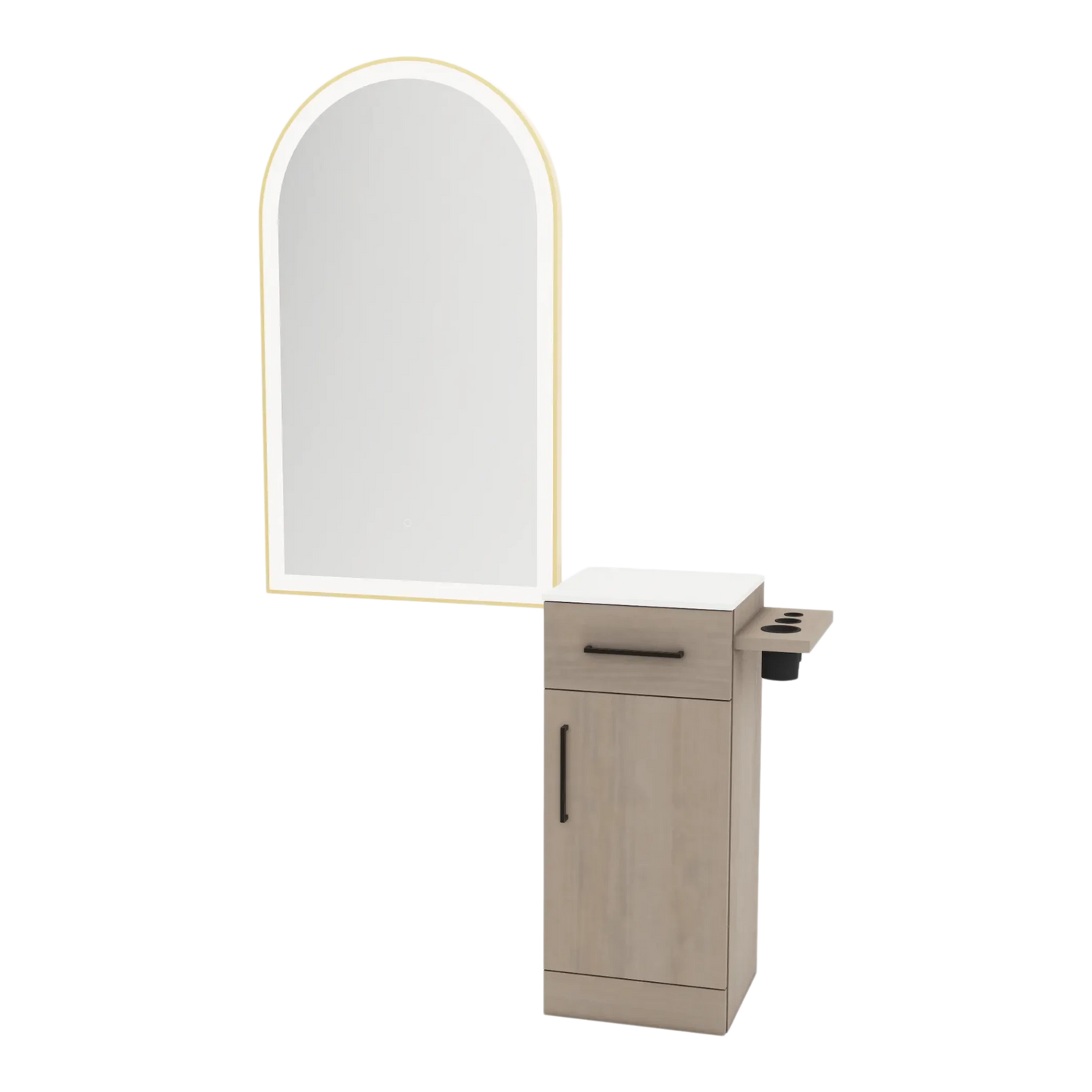 Nova Tower Free Standing Styling Station with Side-Mount Appliance Holder, Solid Surface Countertop, and Gold Arch Paloma Mirror - Kaemark