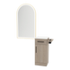 Nova Tower Free Standing Styling Station with Side-Mount Appliance Holder, Solid Surface Countertop, and Gold Arch Paloma Mirror - Kaemark