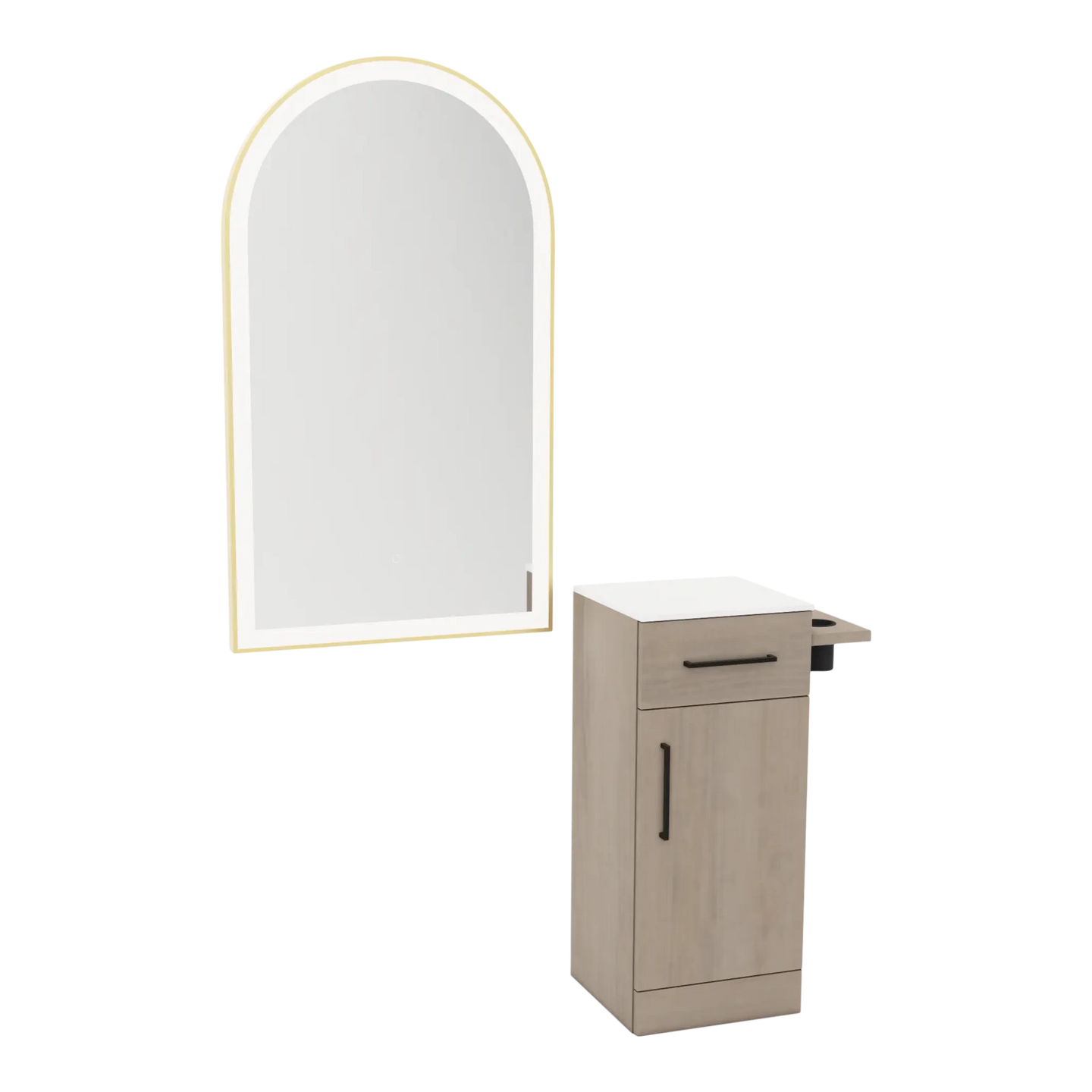 Nova Tower Free Standing Styling Station with Side-Mount Appliance Holder, Solid Surface Countertop, and Gold Arch Paloma Mirror - Kaemark