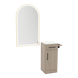 Nova Tower Free Standing Styling Station with Side-Mount Appliance Holder, Solid Surface Countertop, and Gold Arch Paloma Mirror - Kaemark