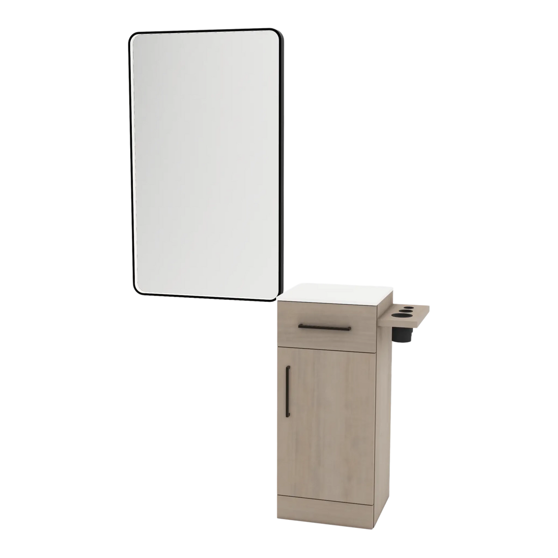 Nova Tower Free Standing Styling Station with Side-Mount Appliance Holder, Solid Surface Countertop, and Black Rectangle Westin Mirror - Kaemark