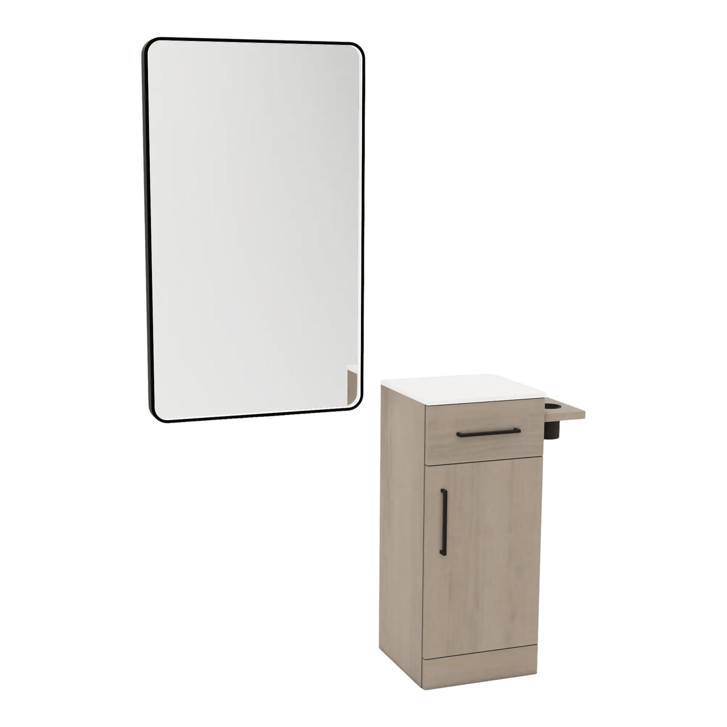 Nova Tower Free Standing Styling Station with Side-Mount Appliance Holder, Solid Surface Countertop, and Black Rectangle Westin Mirror - Kaemark