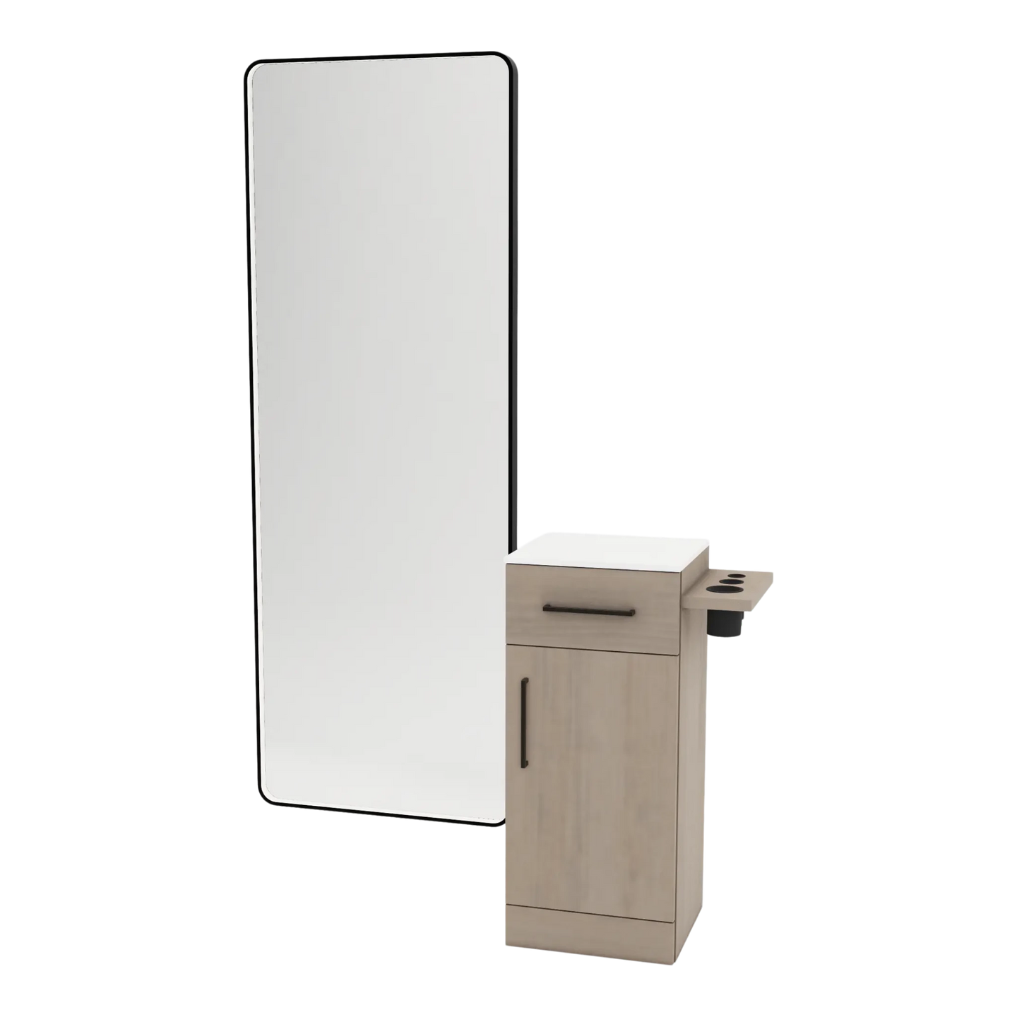 Nova Tower Free Standing Styling Station with Side-Mount Appliance Holder, Solid Surface Countertop, and Black Full-Length Rectangle Westin Mirror - Kaemark
