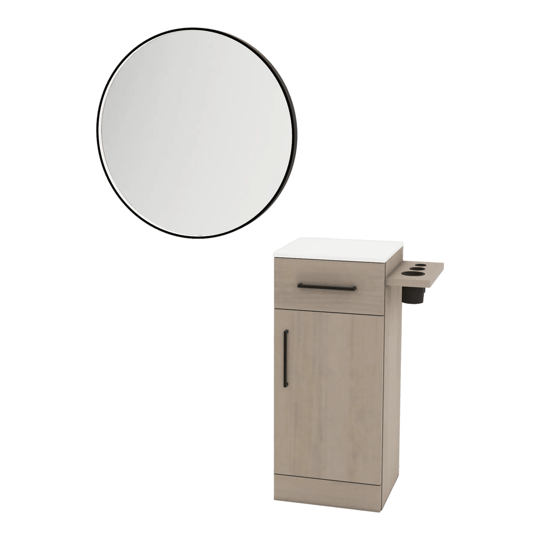 Nova Tower Free Standing Styling Station with Side-Mount Appliance Holder, Solid Surface Countertop, and Black Round Westin Mirror - Kaemark