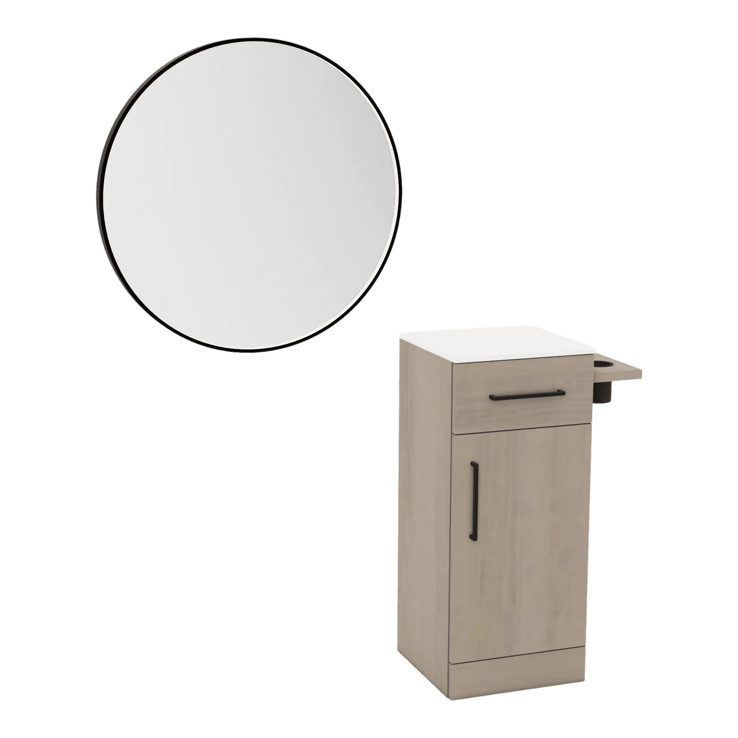 Nova Tower Free Standing Styling Station with Side-Mount Appliance Holder, Solid Surface Countertop, and Black Round Westin Mirror - Kaemark