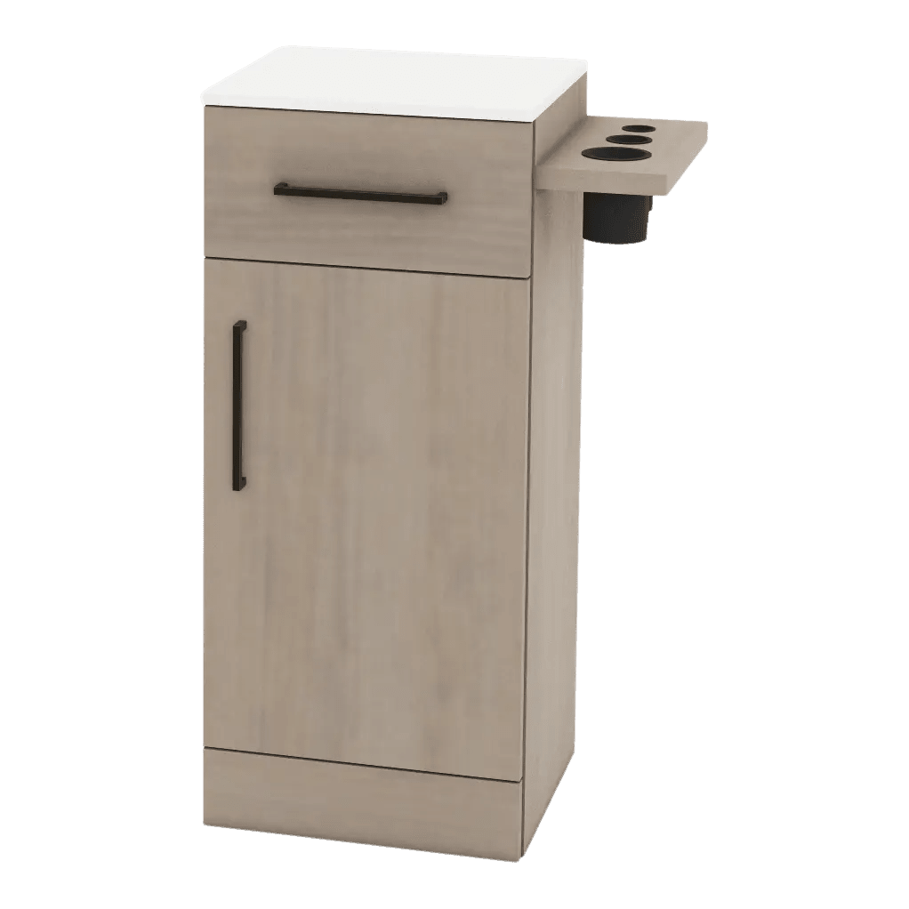 Nova Tower Free Standing Styling Station with Side-Mount Appliance Holder and Solid Surface Countertop (Cabinet Only) - Kaemark
