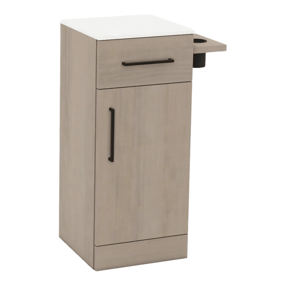 Nova Tower Free Standing Styling Station with Side-Mount Appliance Holder and Solid Surface Countertop (Cabinet Only) - Kaemark