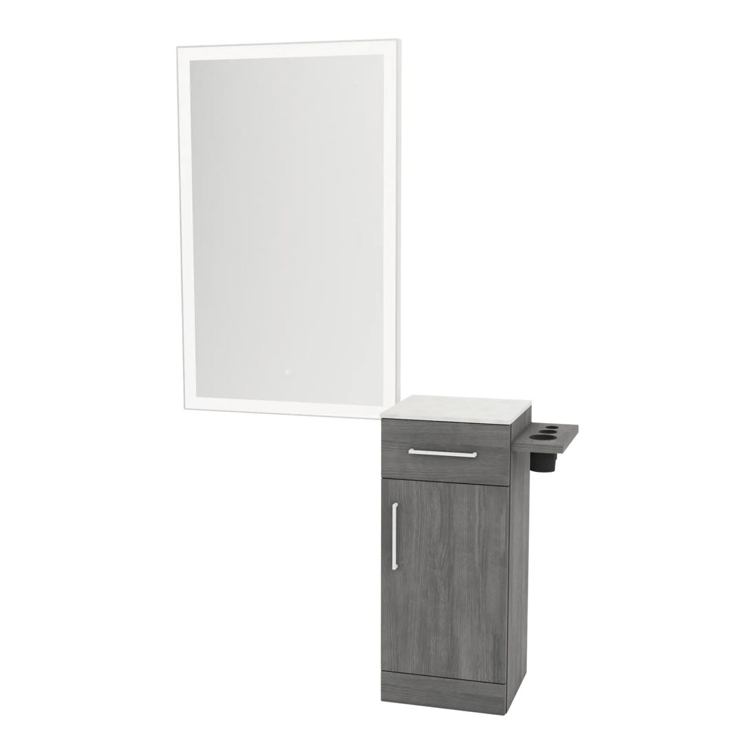 Nova Wall Mount Styling Station with Concealed Appliance Holder, Solid Surface Countertop, and Silver Rectangle Glo Mirror - Kaemark